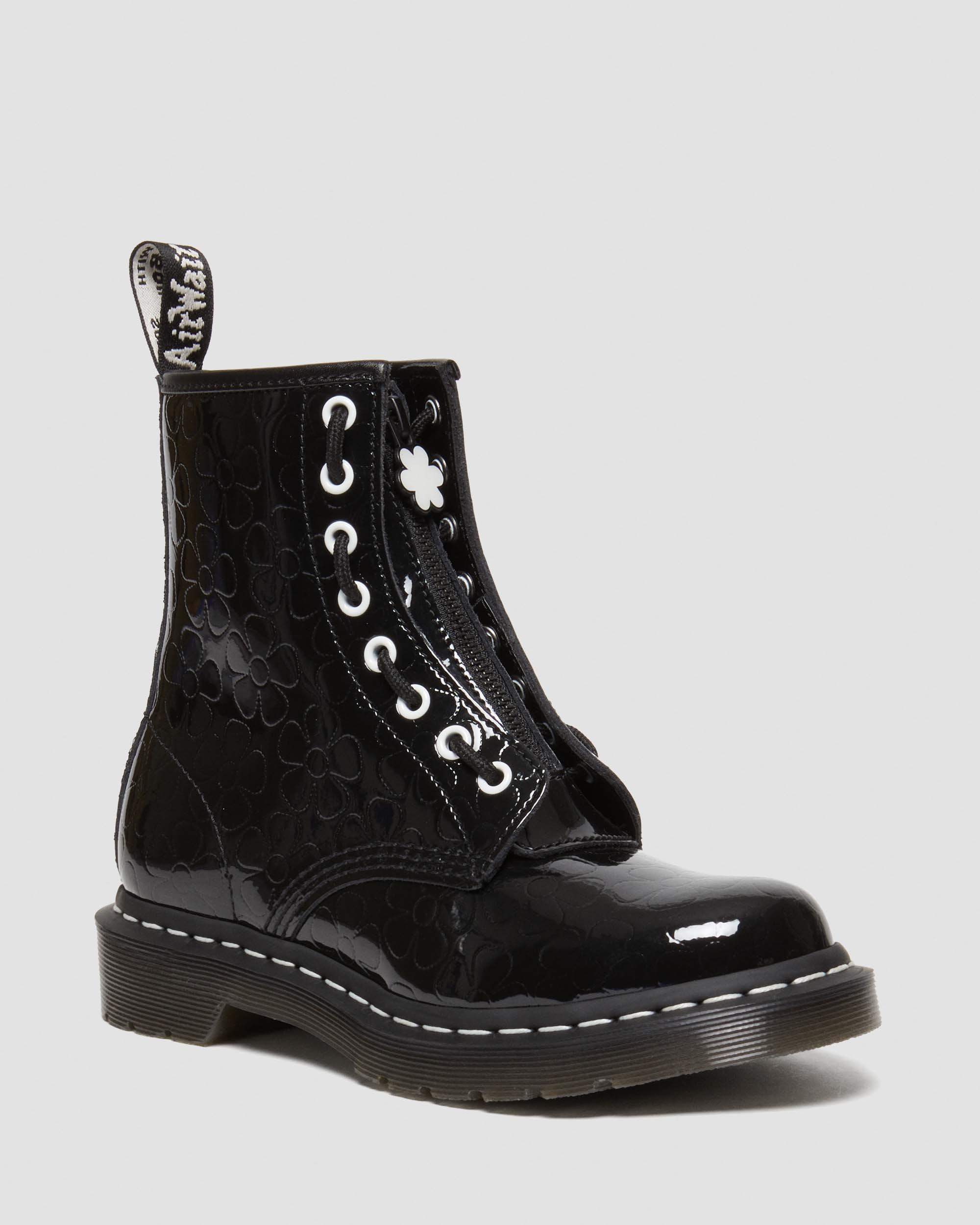 Dr. Martens' 1460 Women's Flower Emboss Patent Leather Lace Up Boots In Black
