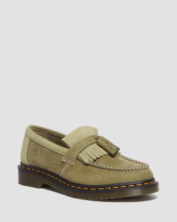 Adrian Tumbled Nubuck Leather Tassel Loafers, Muted Olive | Dr. Martens