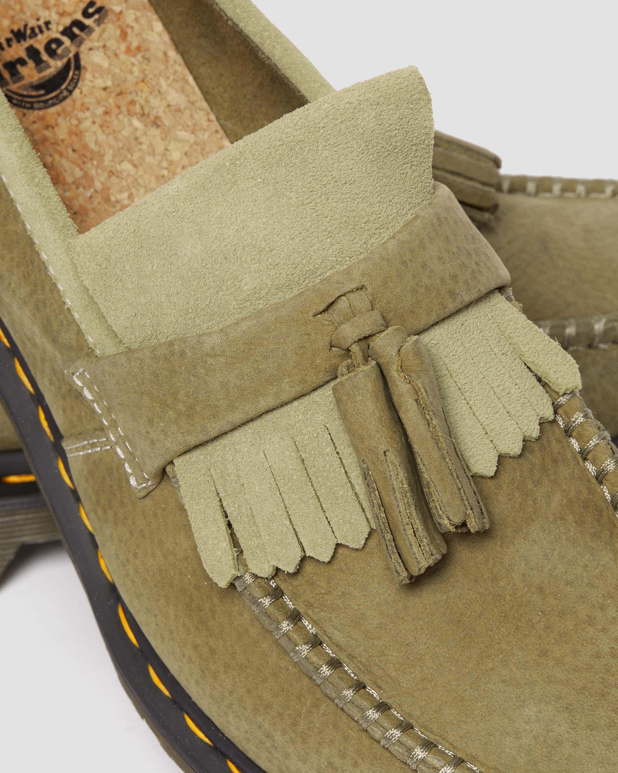 Adrian Tumbled Nubuck Leather Tassel Loafers in Muted Olive