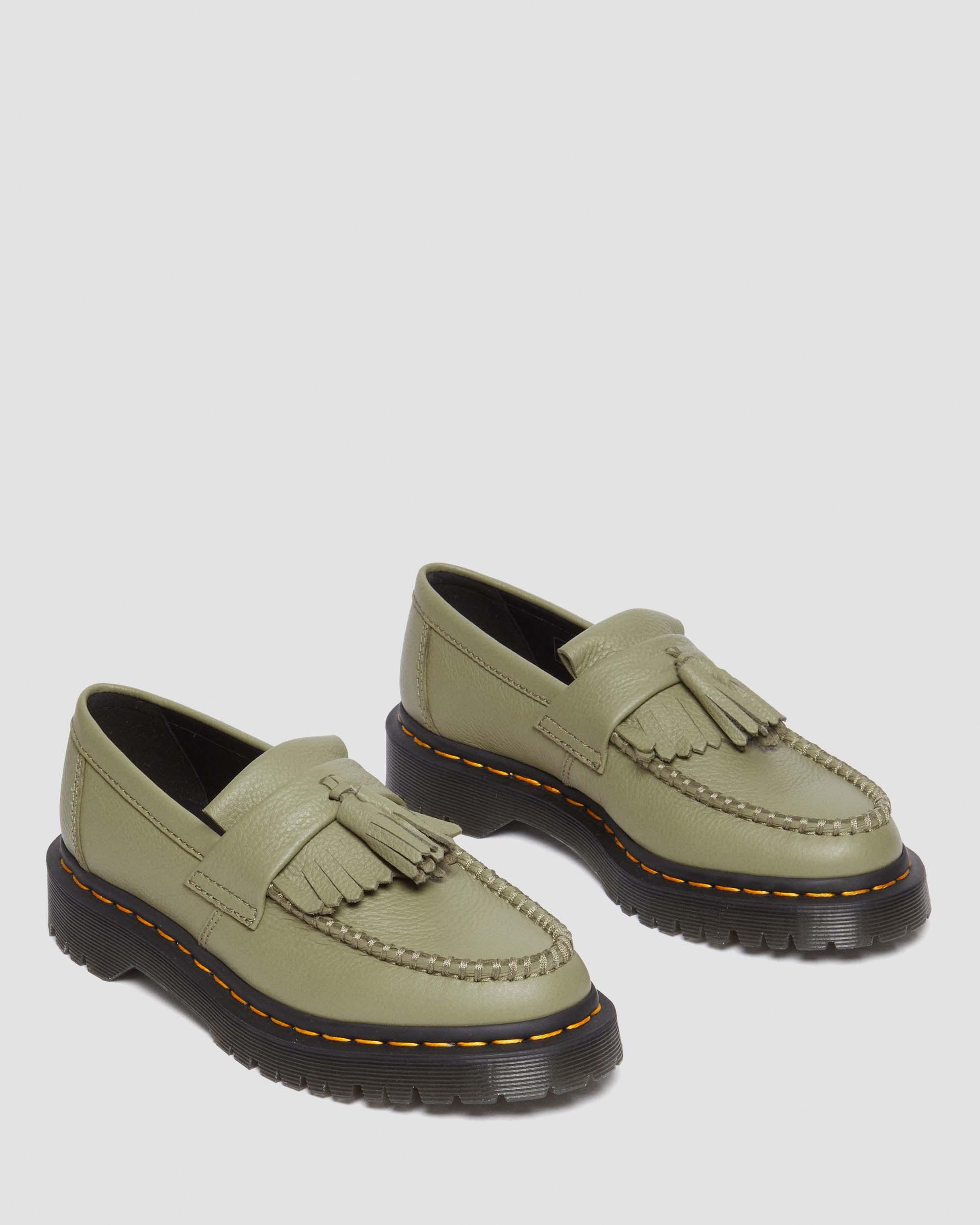 Adrian Virginia Leather Tassel Loafers in Muted Olive