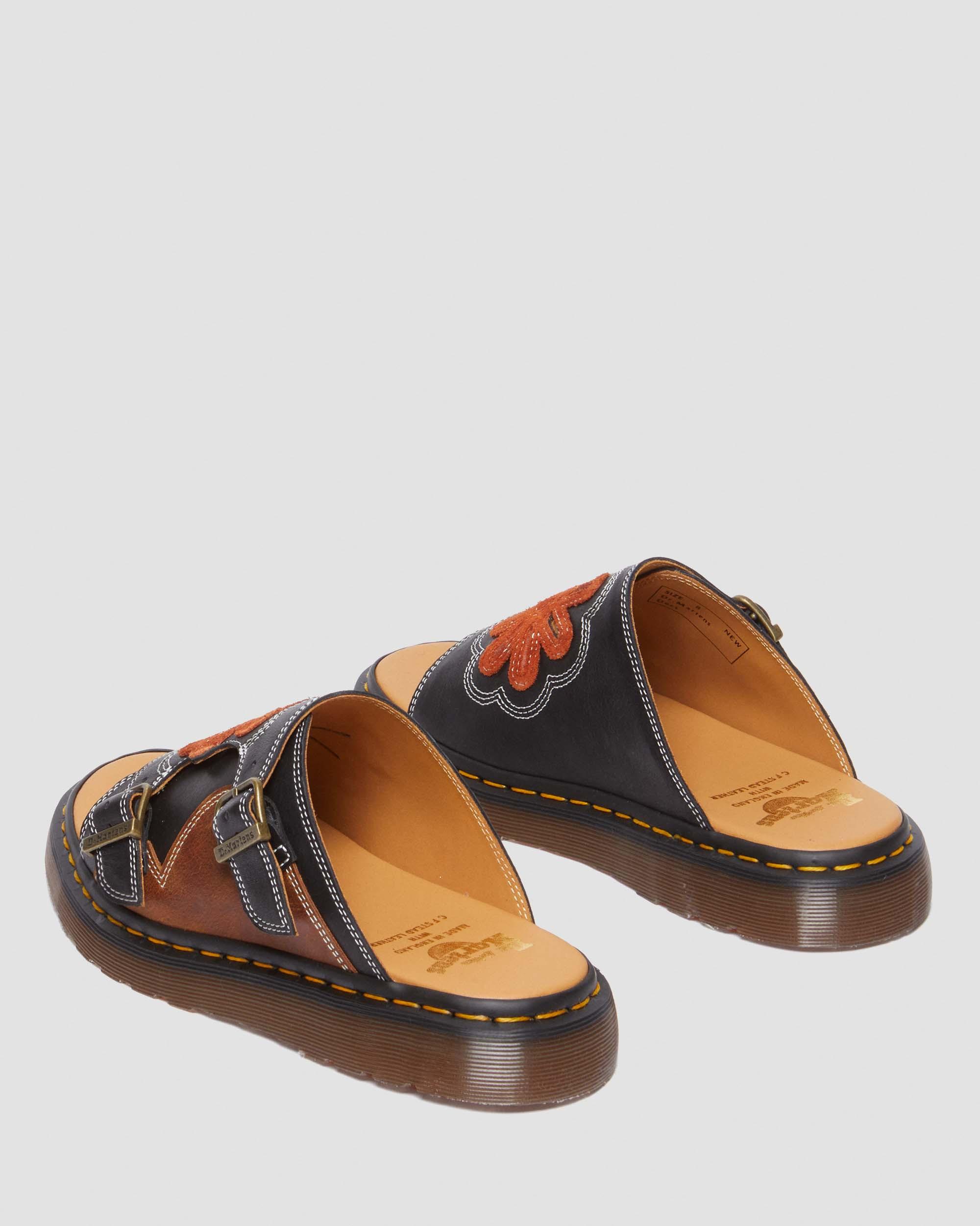 Dayne Made in England Leather & Suede Applique Slides in Black+Brown+Rust Orange