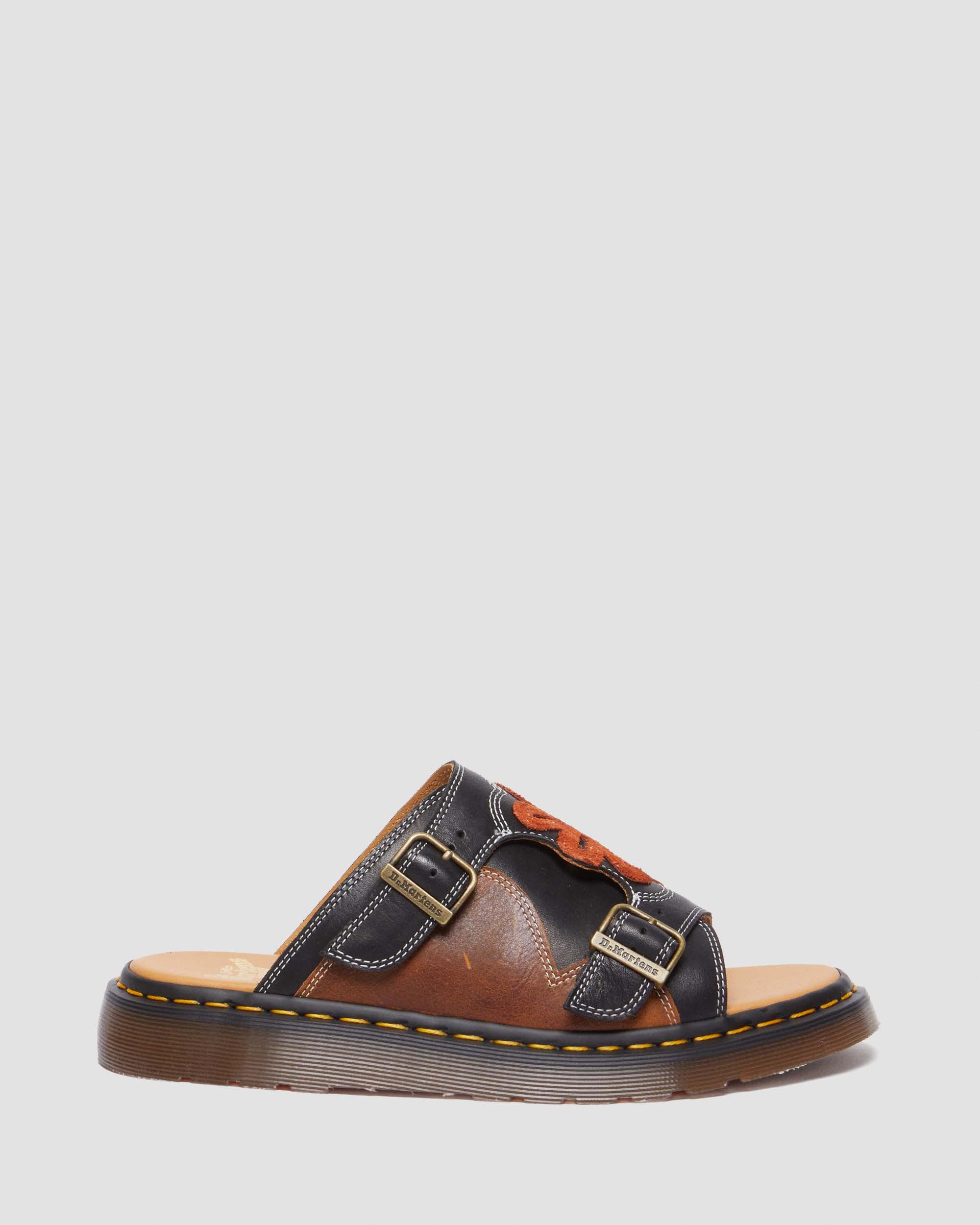 Dayne Made in England Leather & Suede Applique Slide Sandals in Black+Brown+Rust Orange