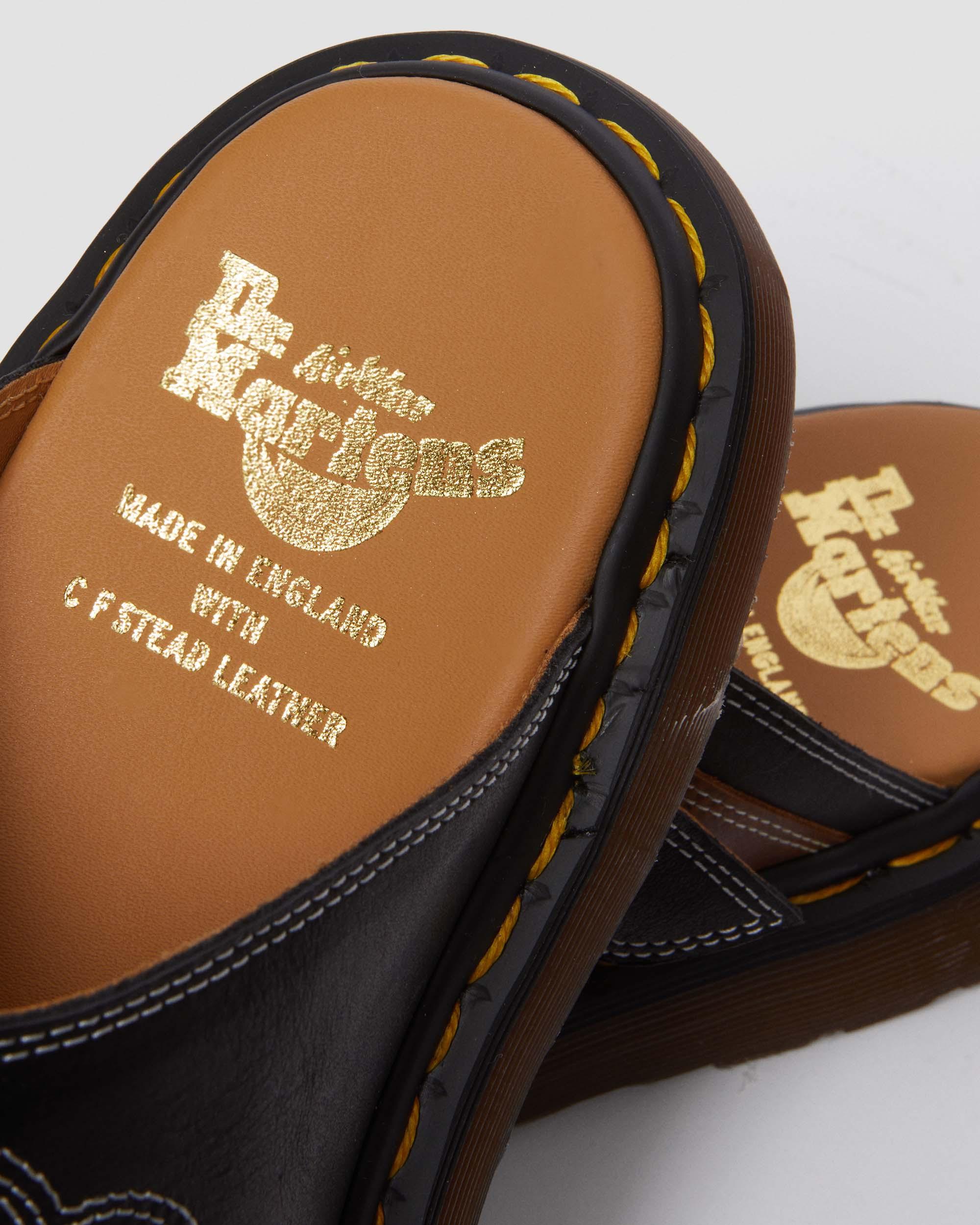 Dayne Made in England Leather & Suede Applique Slides in BLACK+
