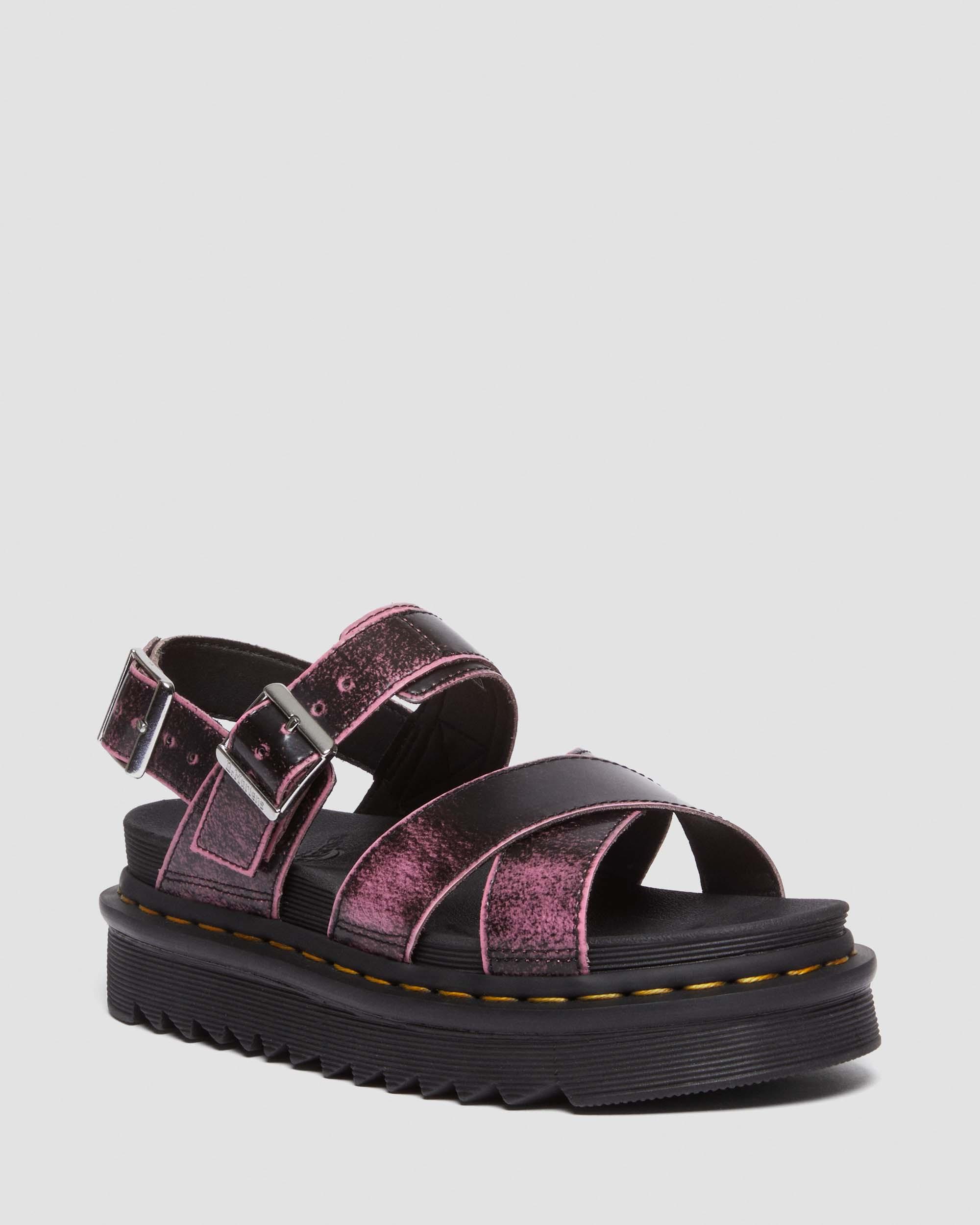 Voss II Distressed Leather Platform Sandals in Black+Fondant Pink