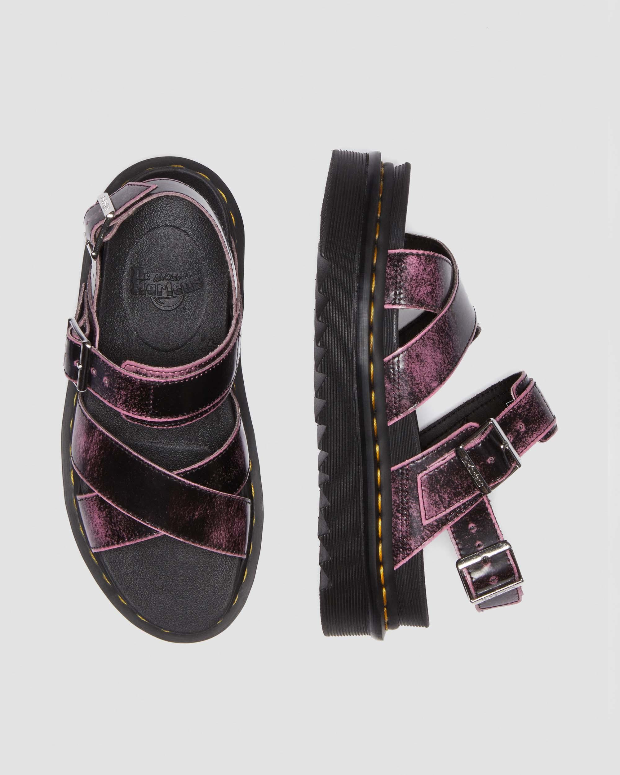 Voss II Distressed Leather Platform Sandals in Black+Fondant Pink