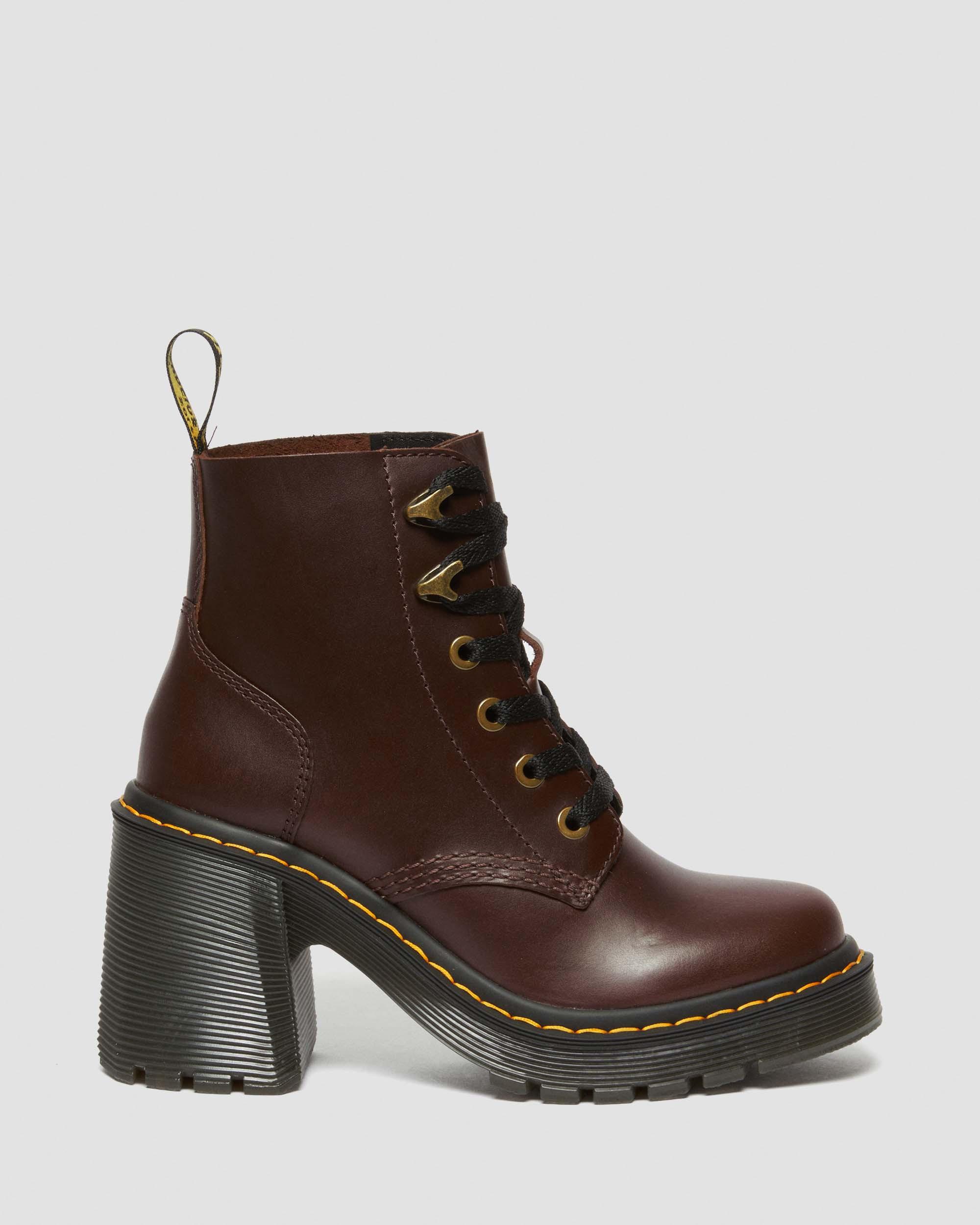 Jesy Leather Flared Heel Boots in Dark Brown | Dr. Martens