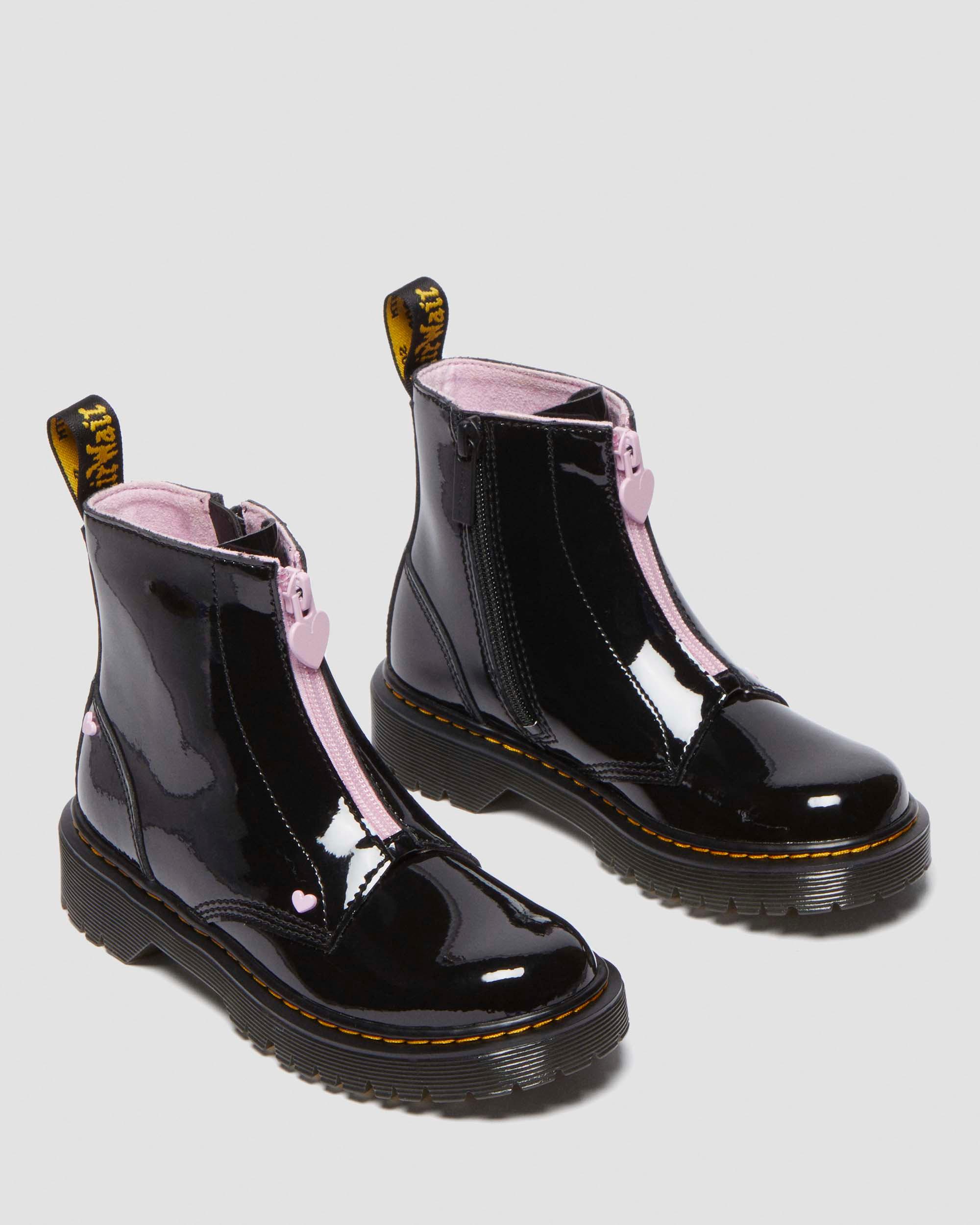 Junior Heart Nappa Patent Leather Pull-on Boots in BLACK+PALE PINK