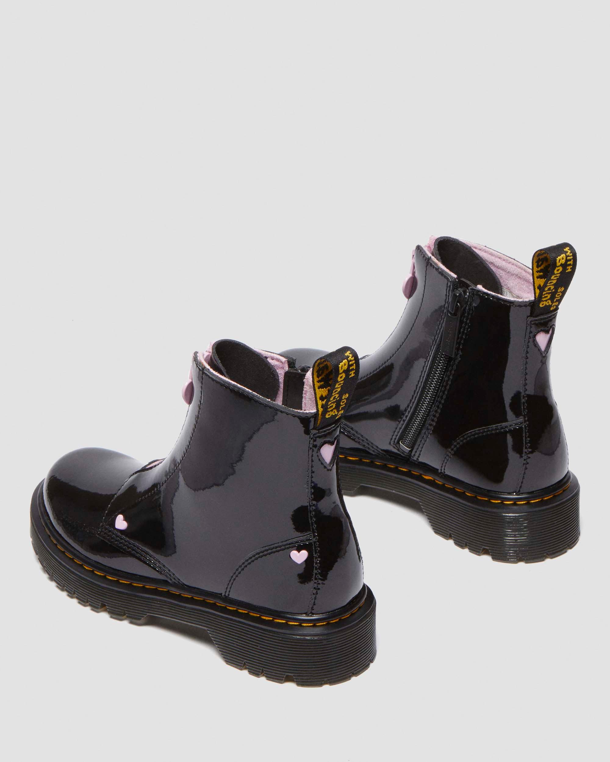 Junior Heart Nappa Patent Leather Pull-on Boots in Black+Pink