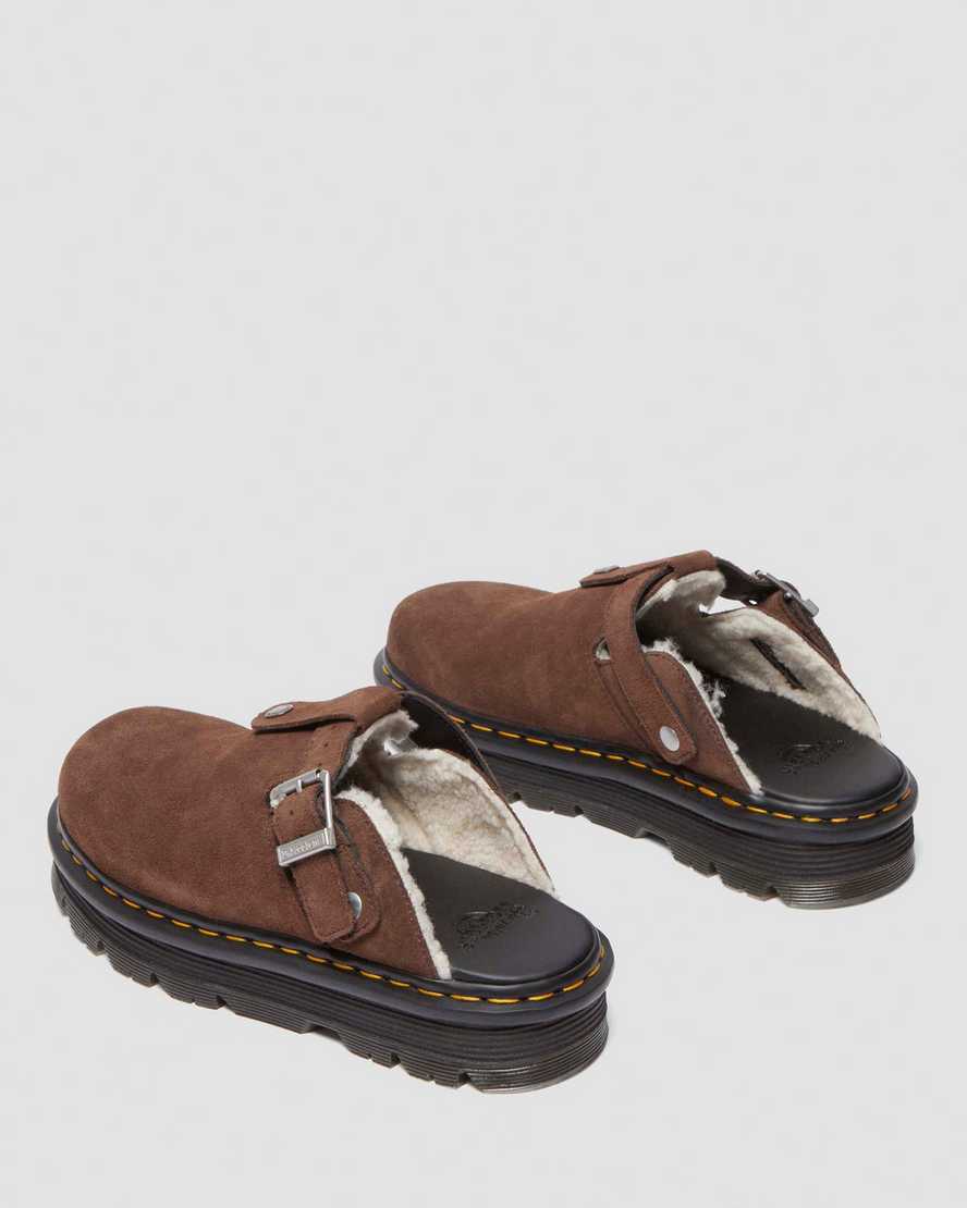 Shop Dr. Martens' Zebzag Suede Fleece-lined Platform Mules In Brown