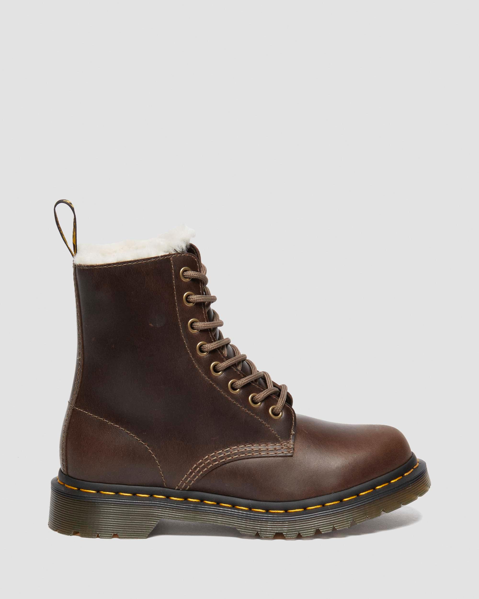 1460 Women's Faux Fur Lined Lace Up Boots in DARK KHAKI | Dr. Martens™