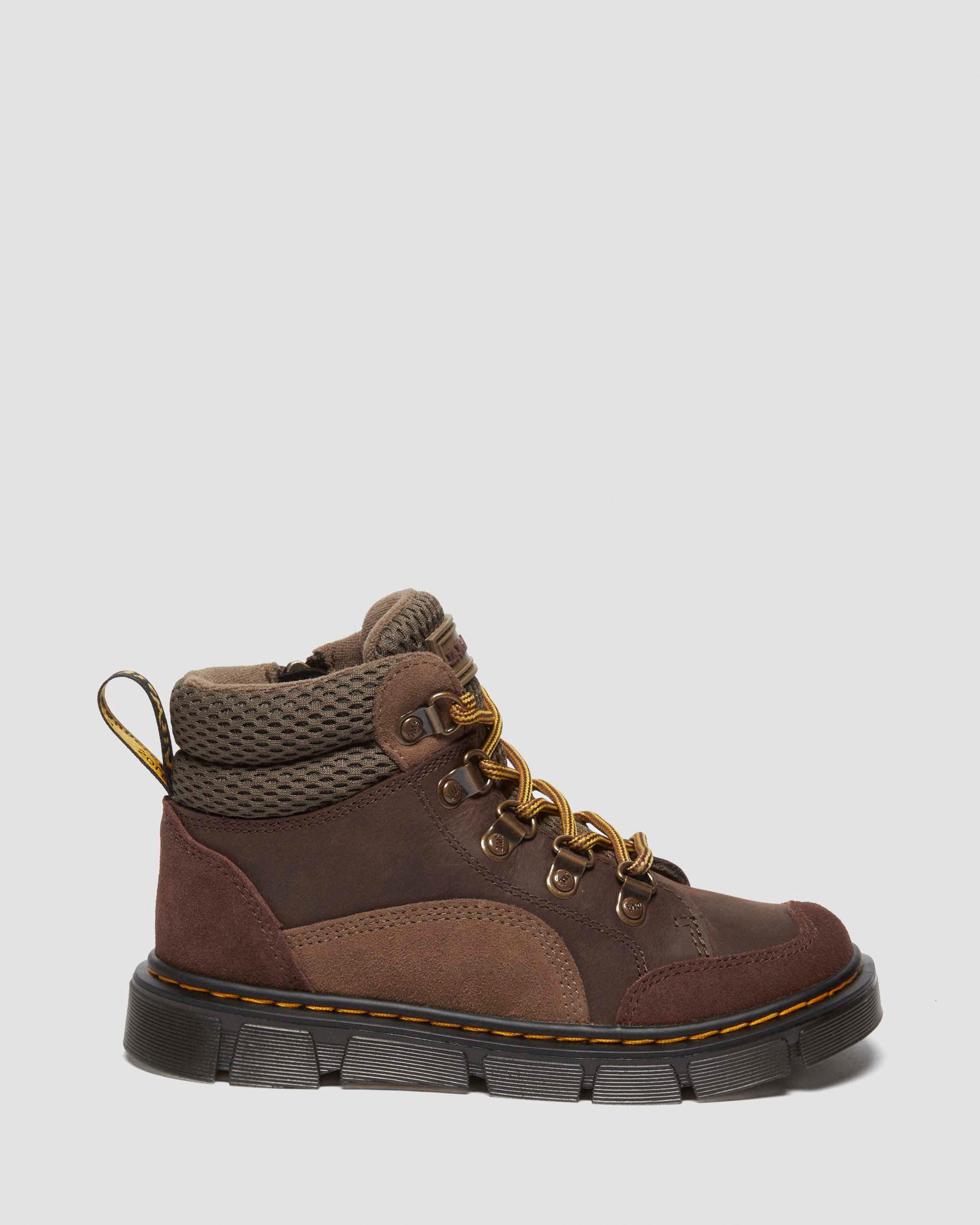 Junior Raffe Panel Leather Lace Up Boots in Dark Brown+Khaki