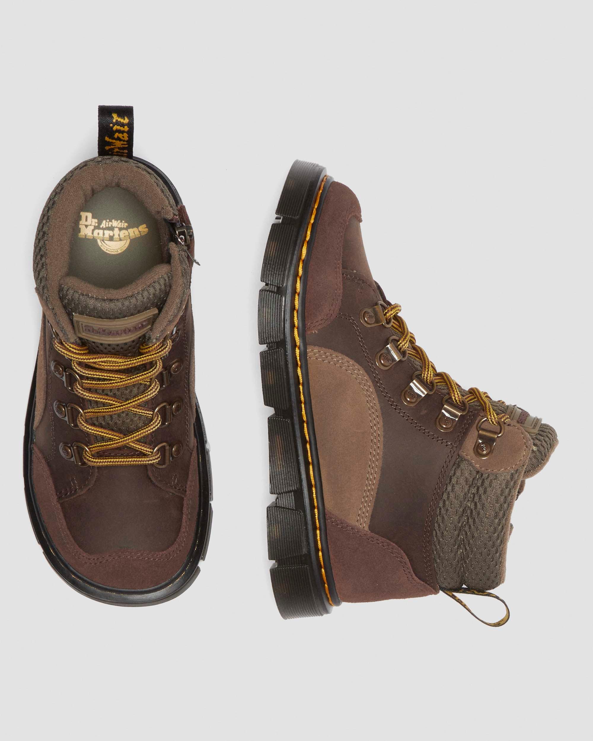Dr. Martens ブラウンレザーブーツ Junior Raffe Panel Leather Lace Up Boots in Dark Brown | Dr