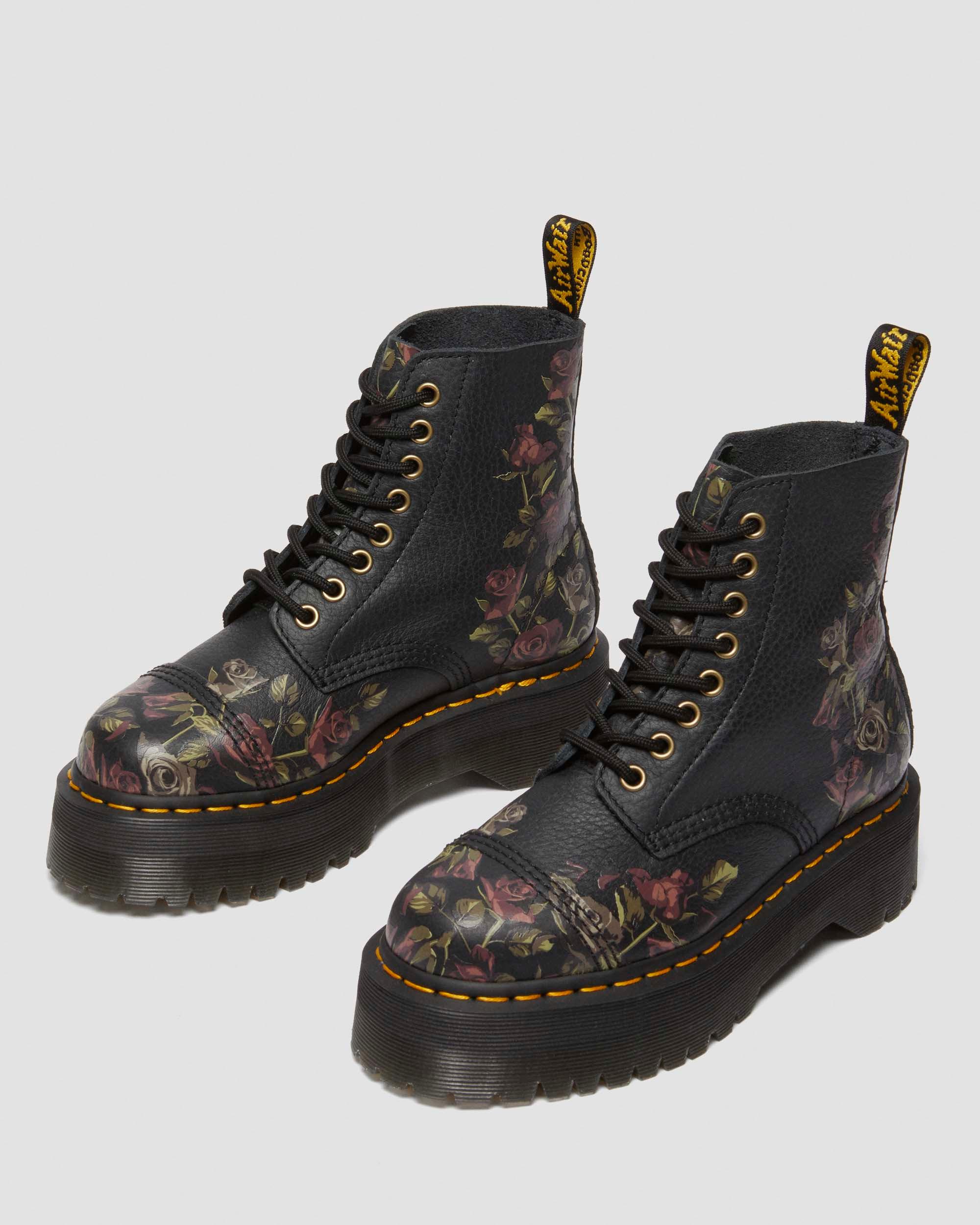 Sinclair Decayed Roses Leather Platform Boots in Black