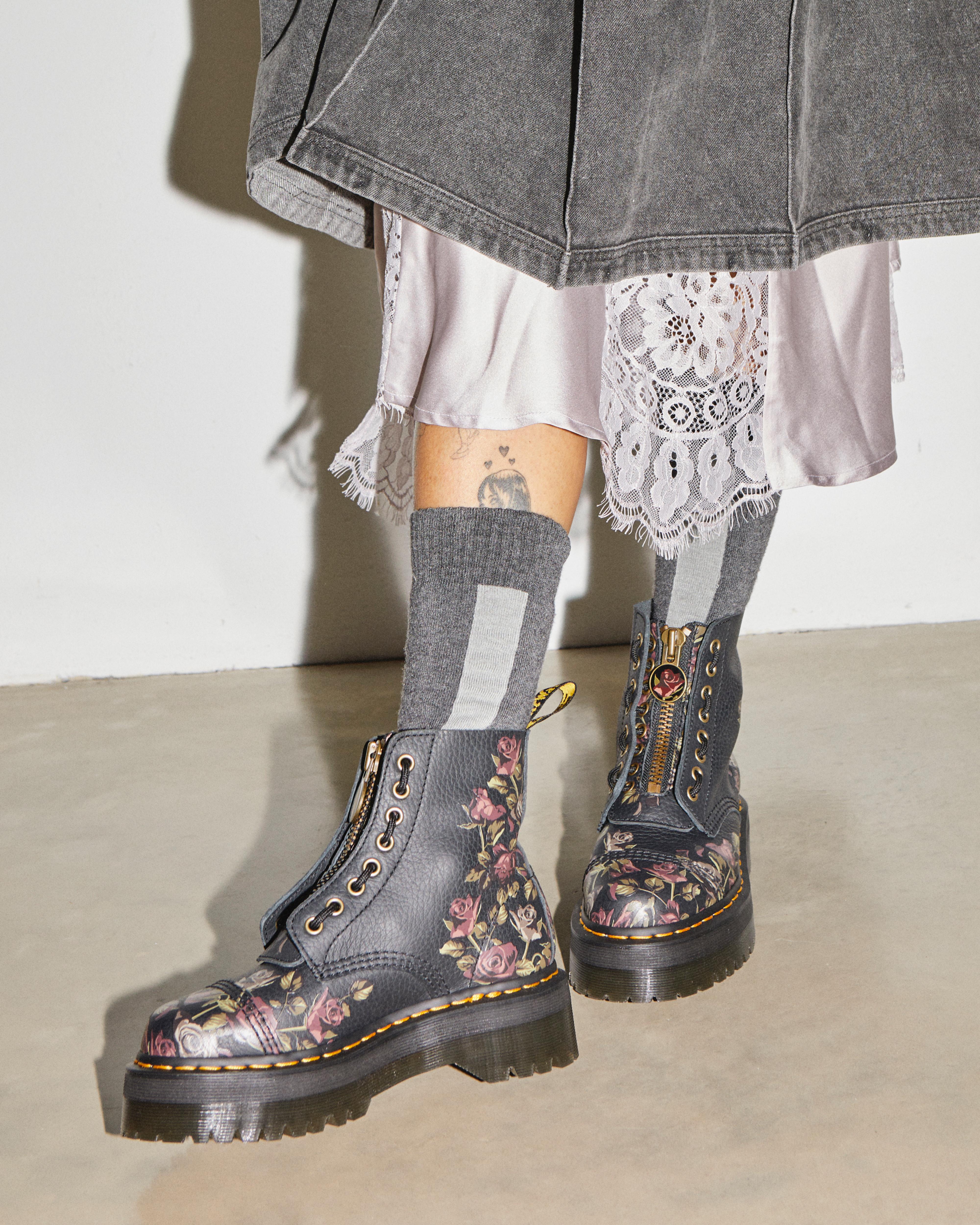 Sinclair Decayed Roses Leather Platform Boots in Black