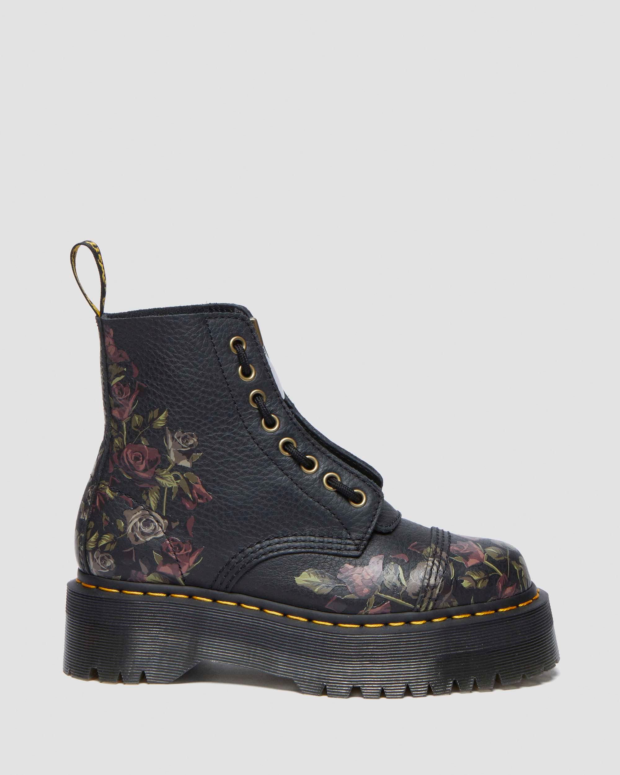 Sinclair Decayed Roses Leather Platform Boots in Black