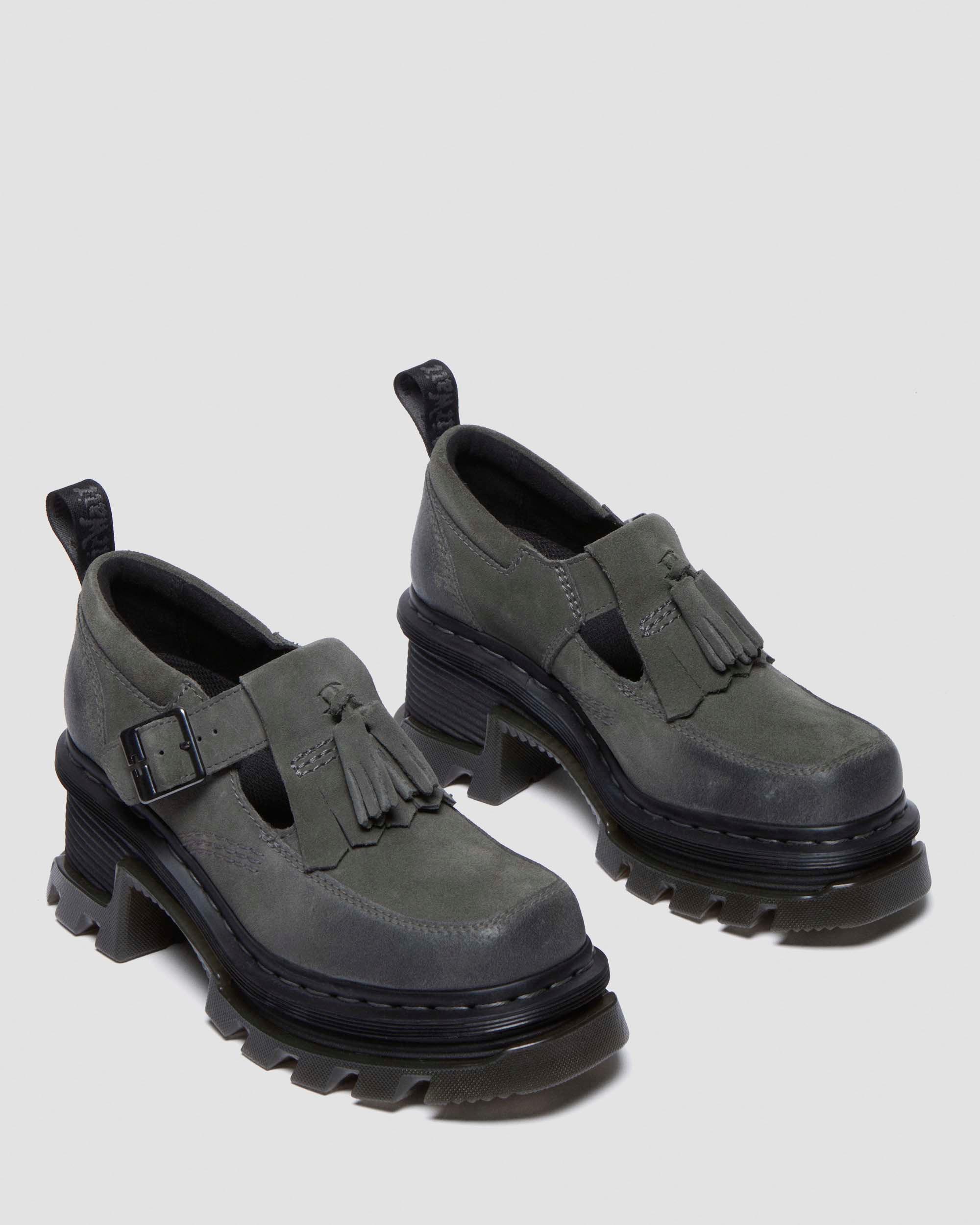 Corran Waxy Suede Mary Jane Heeled Shoes in GUNMETAL | Dr. Martens™