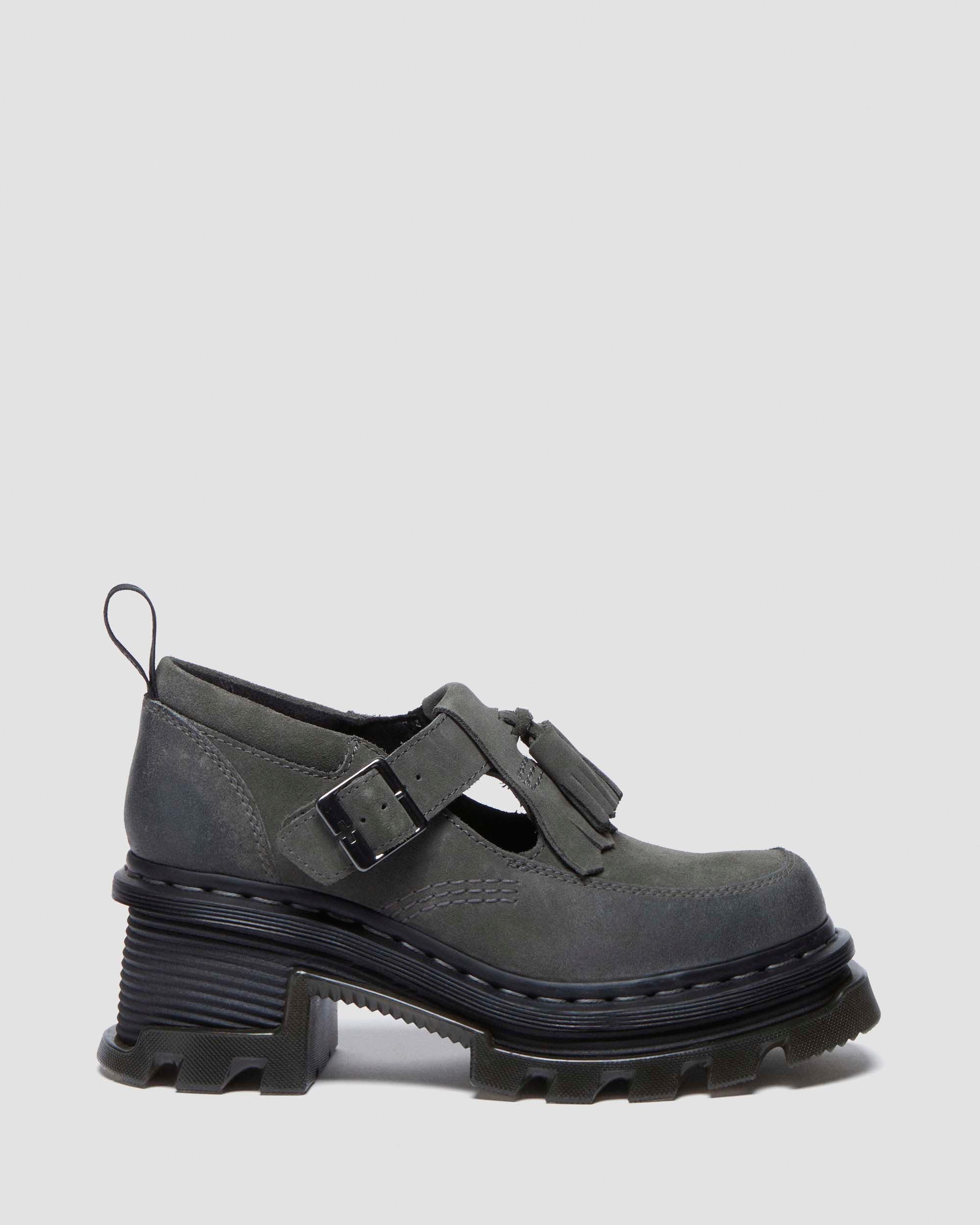 Corran Waxy Suede Mary Jane Heeled Shoes in GUNMETAL | Dr. Martens™