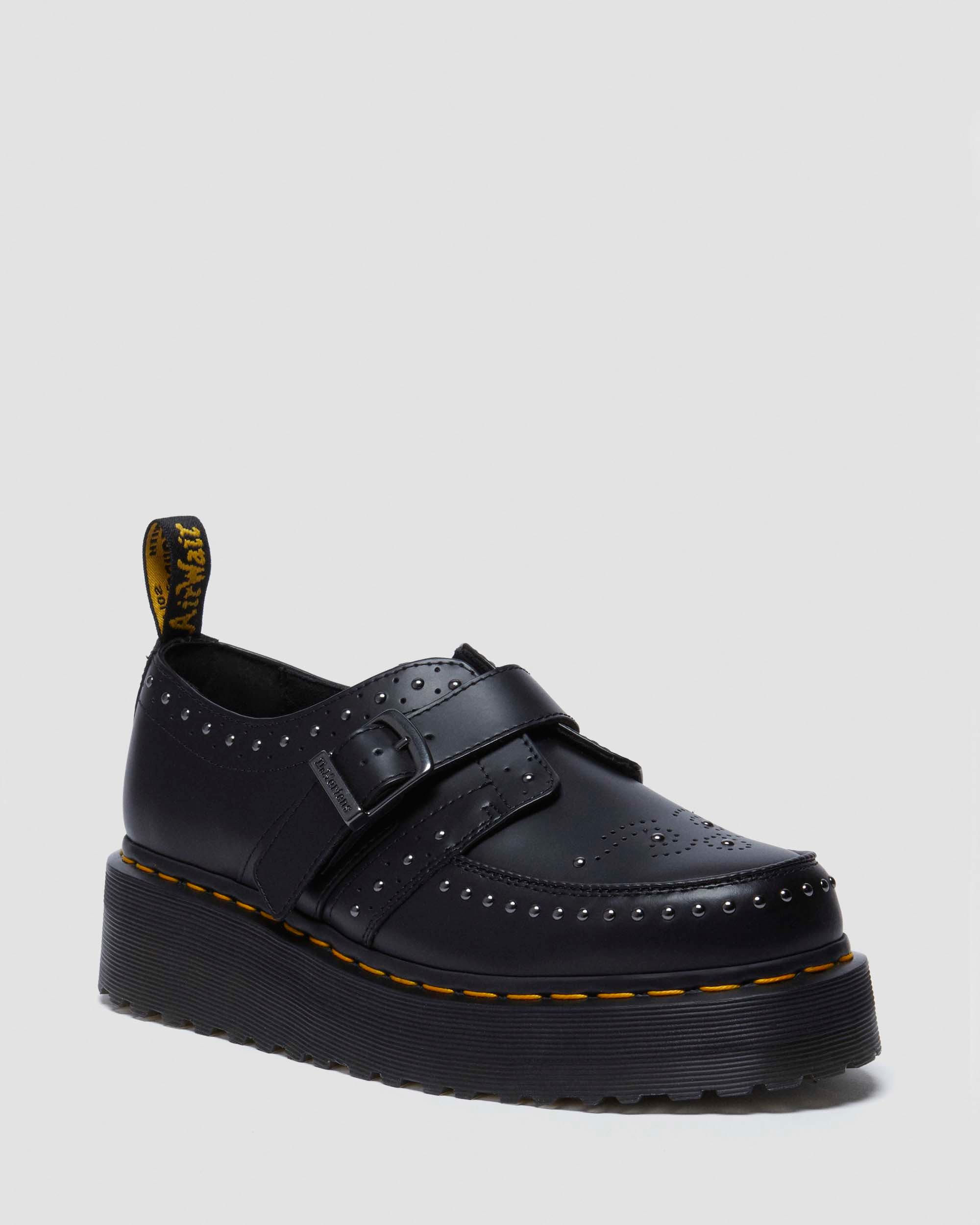 Addina Flower Buckle Leather Platform Shoes in Black Dr. Martens