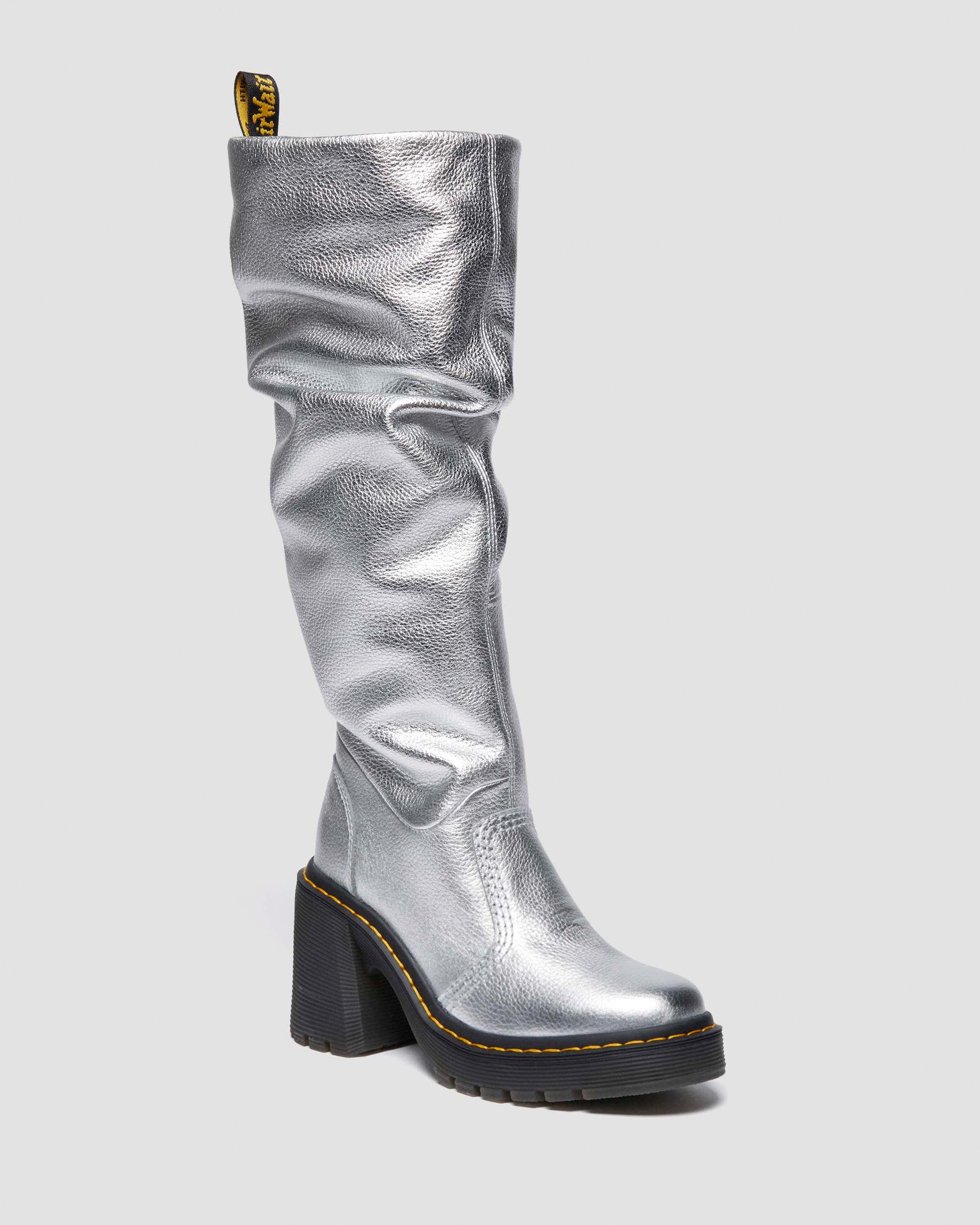 Kasey Metallic Leather Knee High Heeled Boots in Silver Dr. Martens