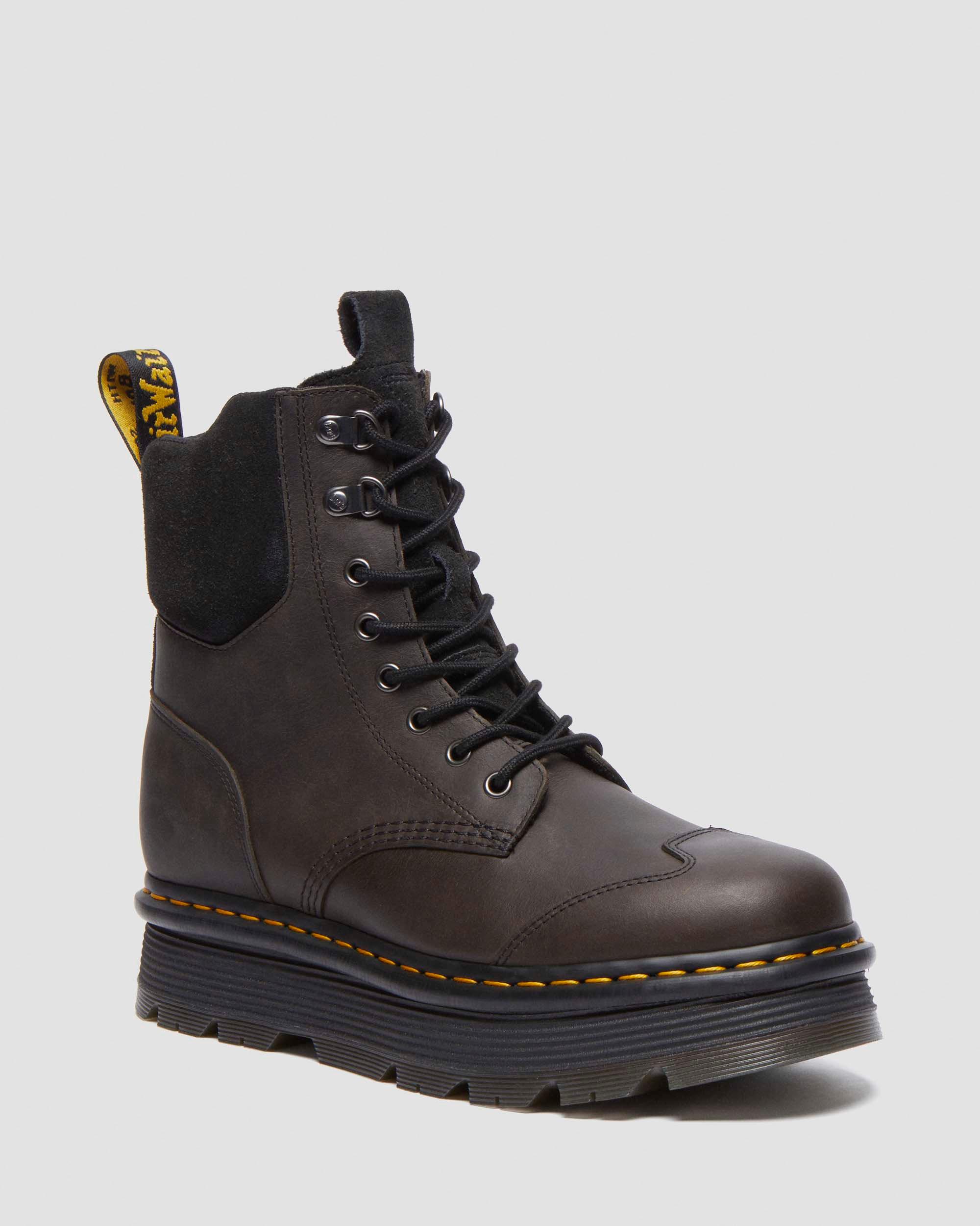 Zebzag 8 Ties Burnish Waxy Lace Up Boots in Black+Charcoal Grey