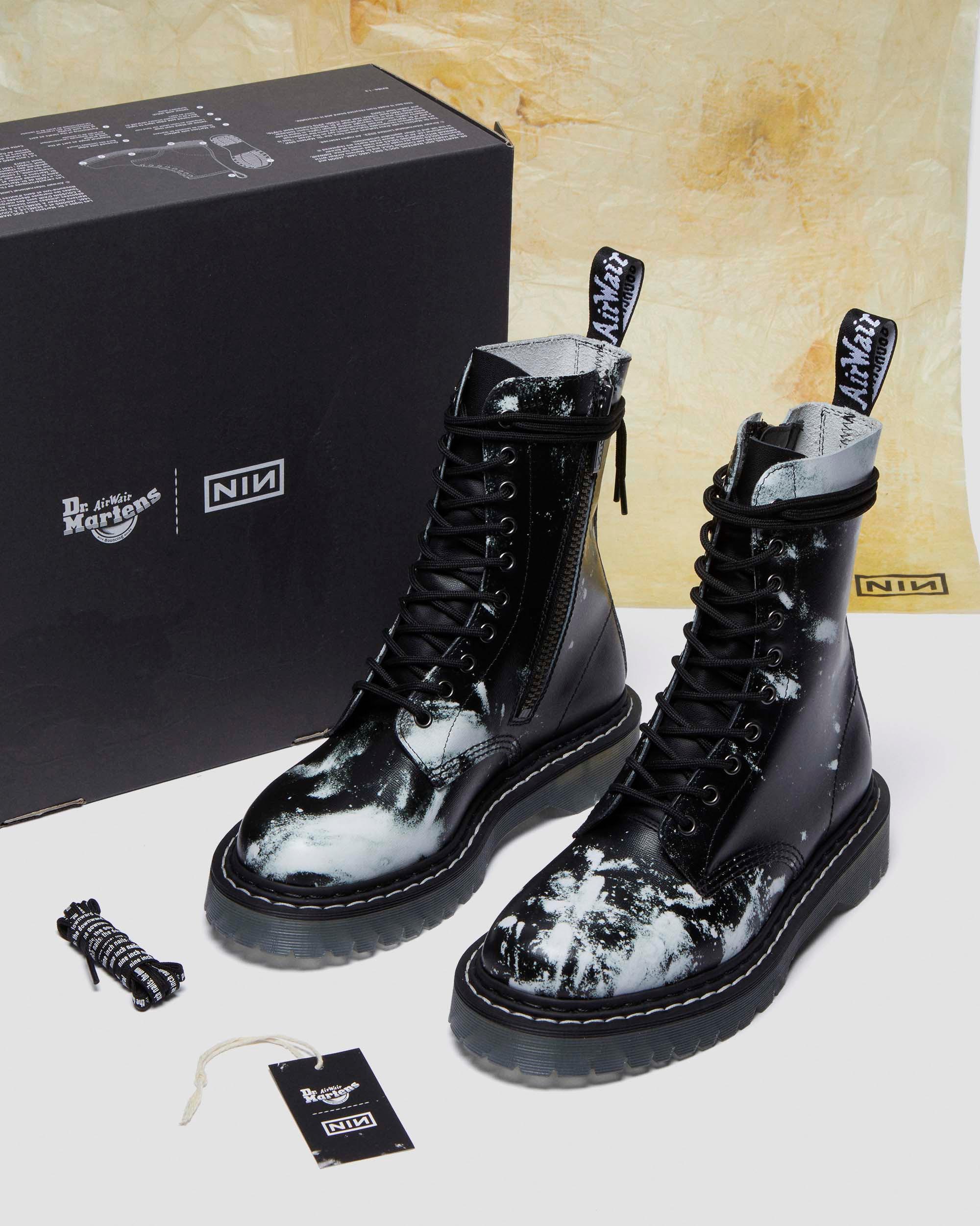 1490 Nine Inch Nails Leather Mid Calf Boots in WHITE+BLACK | Dr