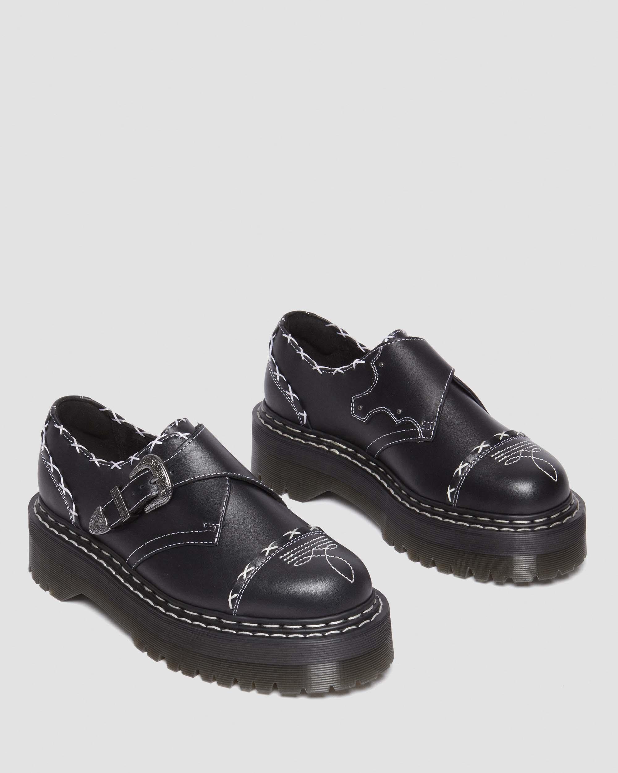 Monk Strap Quad Contrast Stitch Platform Shoes in Black