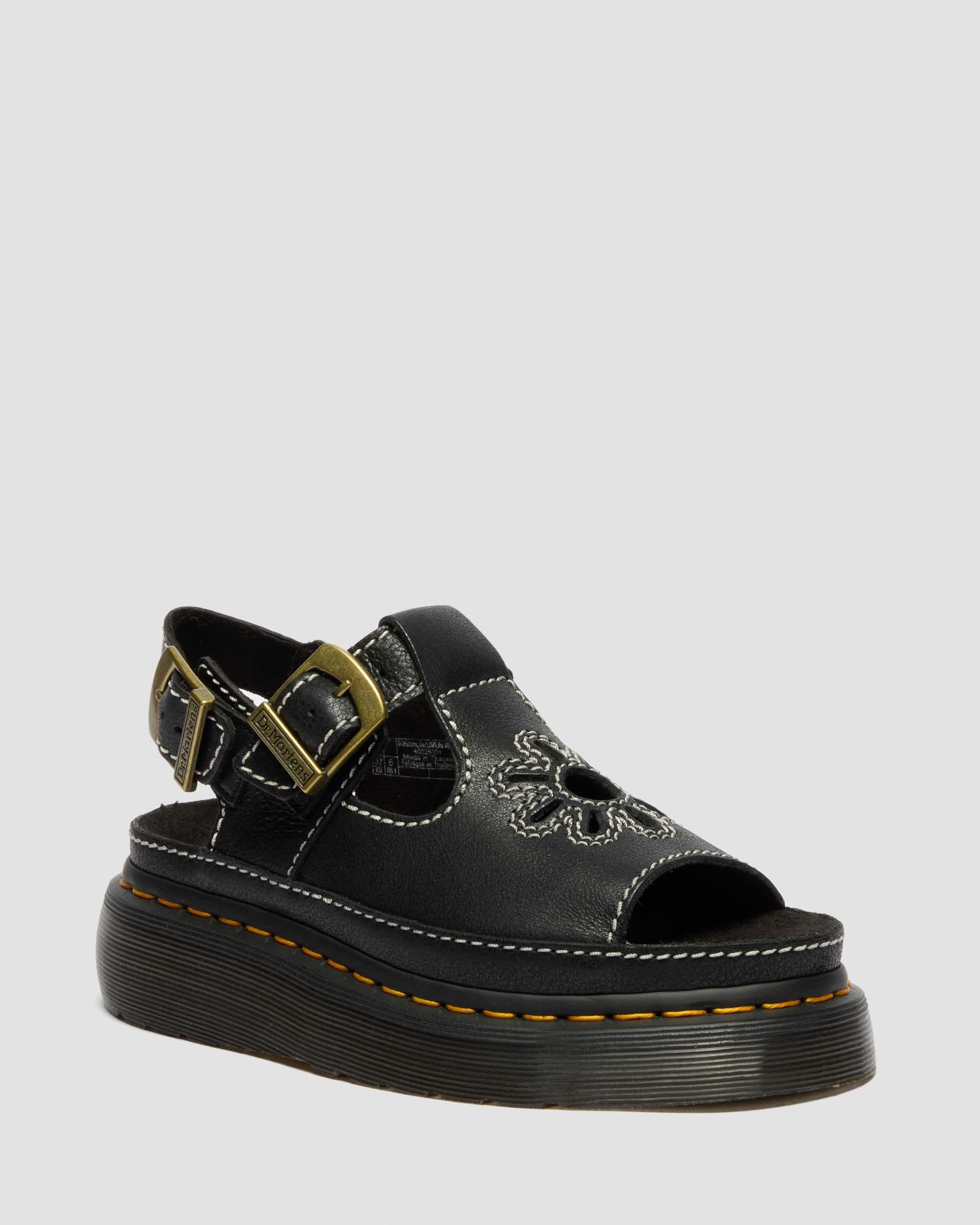 Dunnet Flower Full Grain Leather Sandals in Black