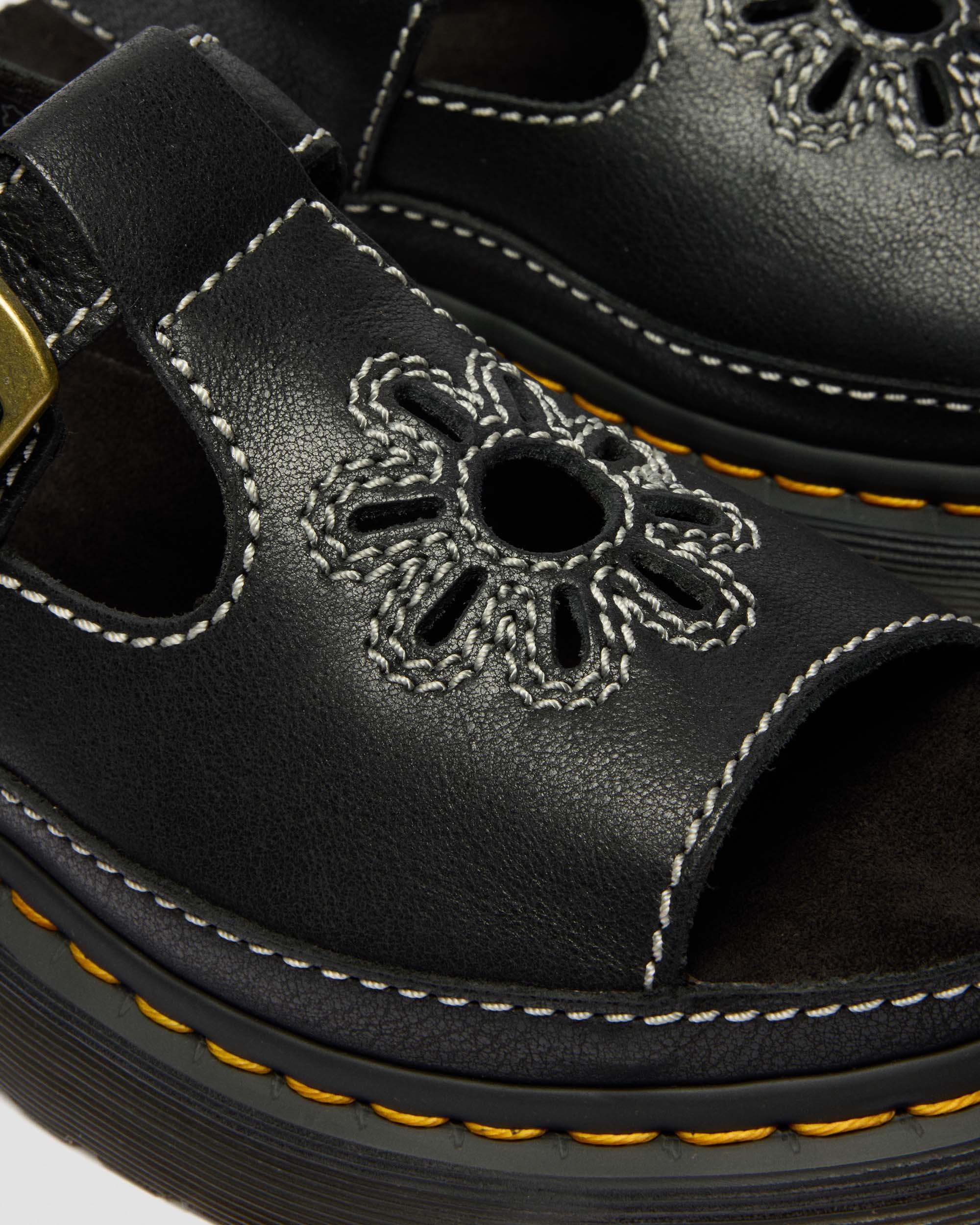 Dunnet Flower Full Grain Leather Sandals in Black