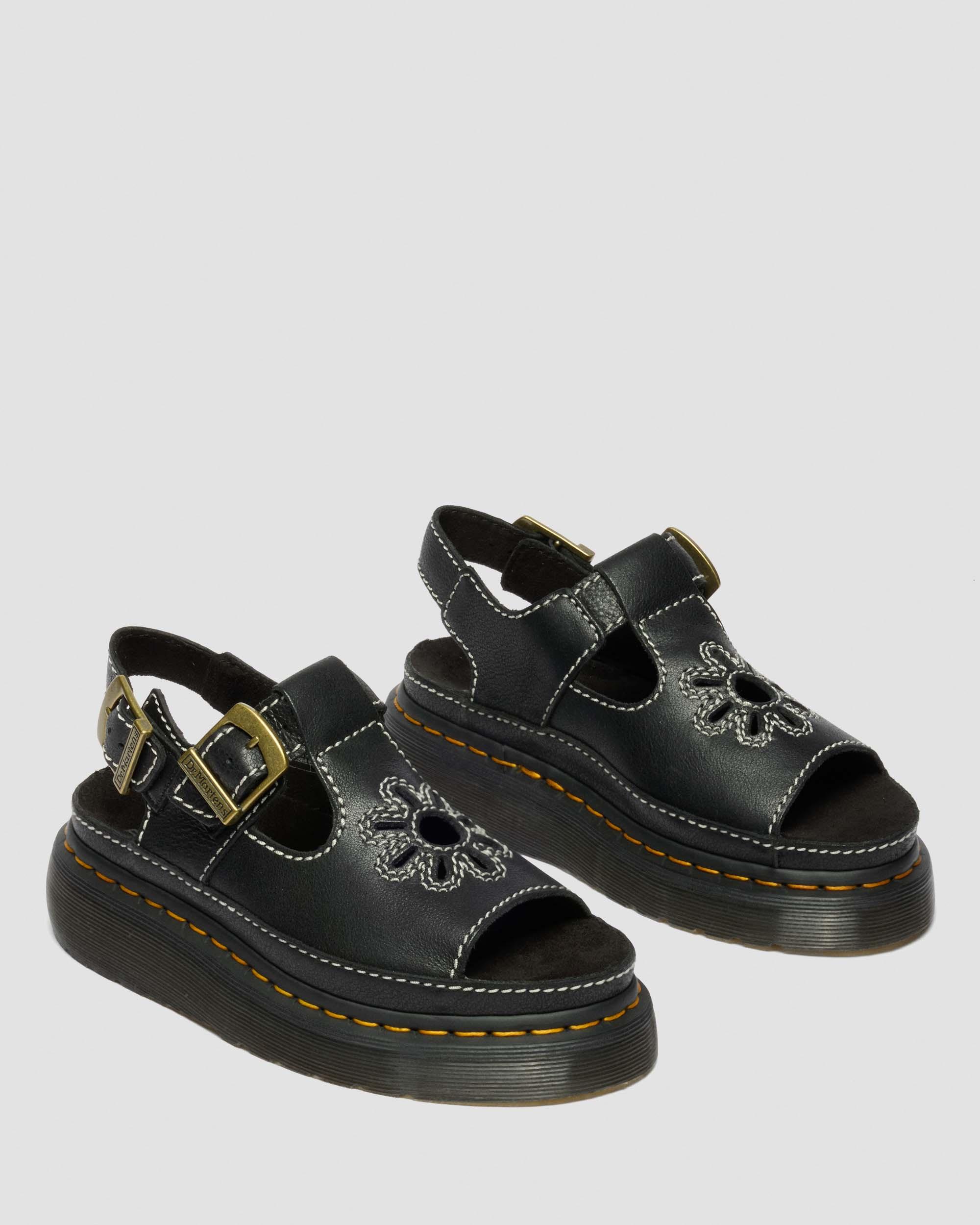 Dunnet Flower Full Grain Leather Sandals in Black