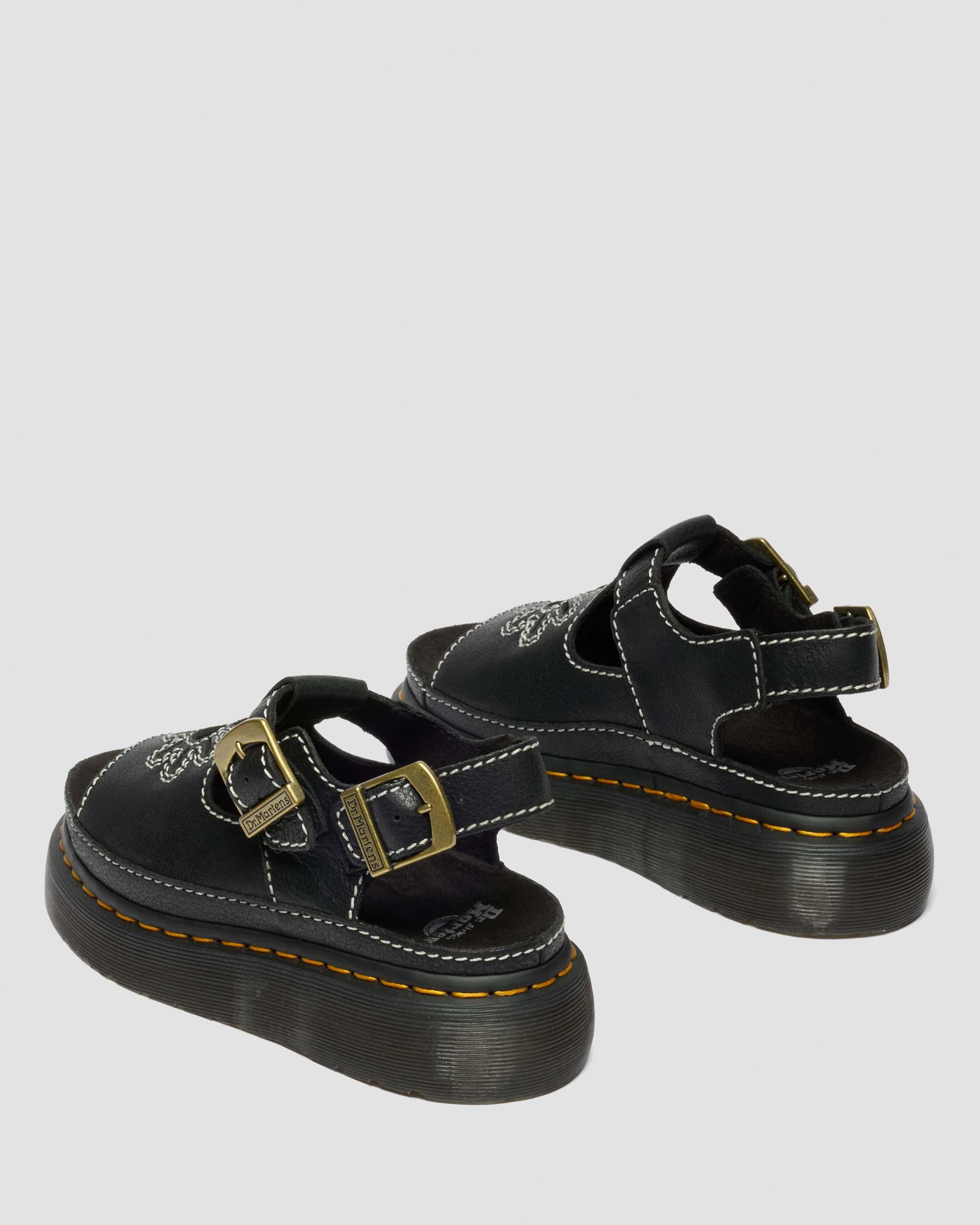 Dunnet Flower Full Grain Leather Sandals in Black