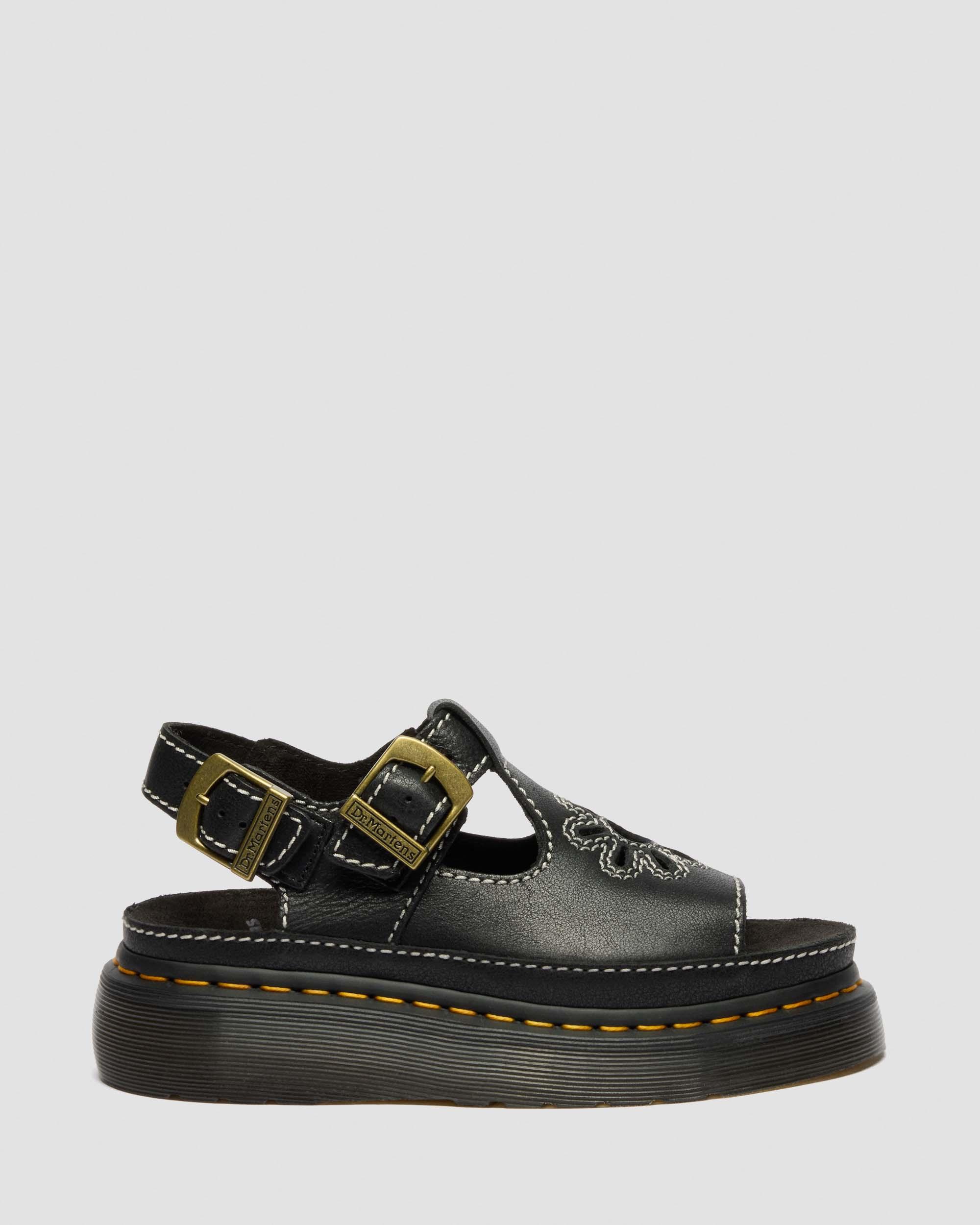 Dunnet Flower Full Grain Leather Sandals in Black