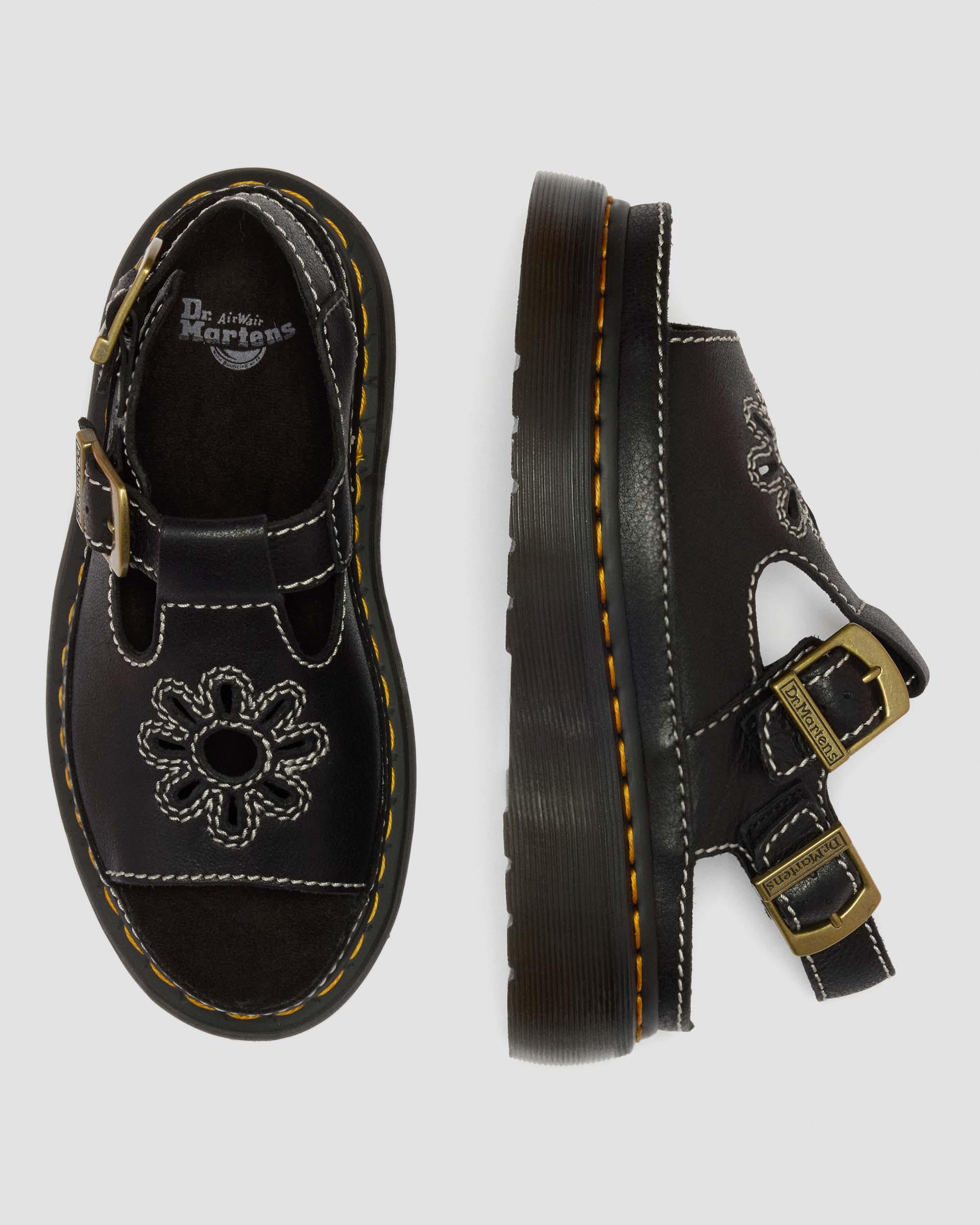 Dunnet Flower Full Grain Leather Sandals in Black