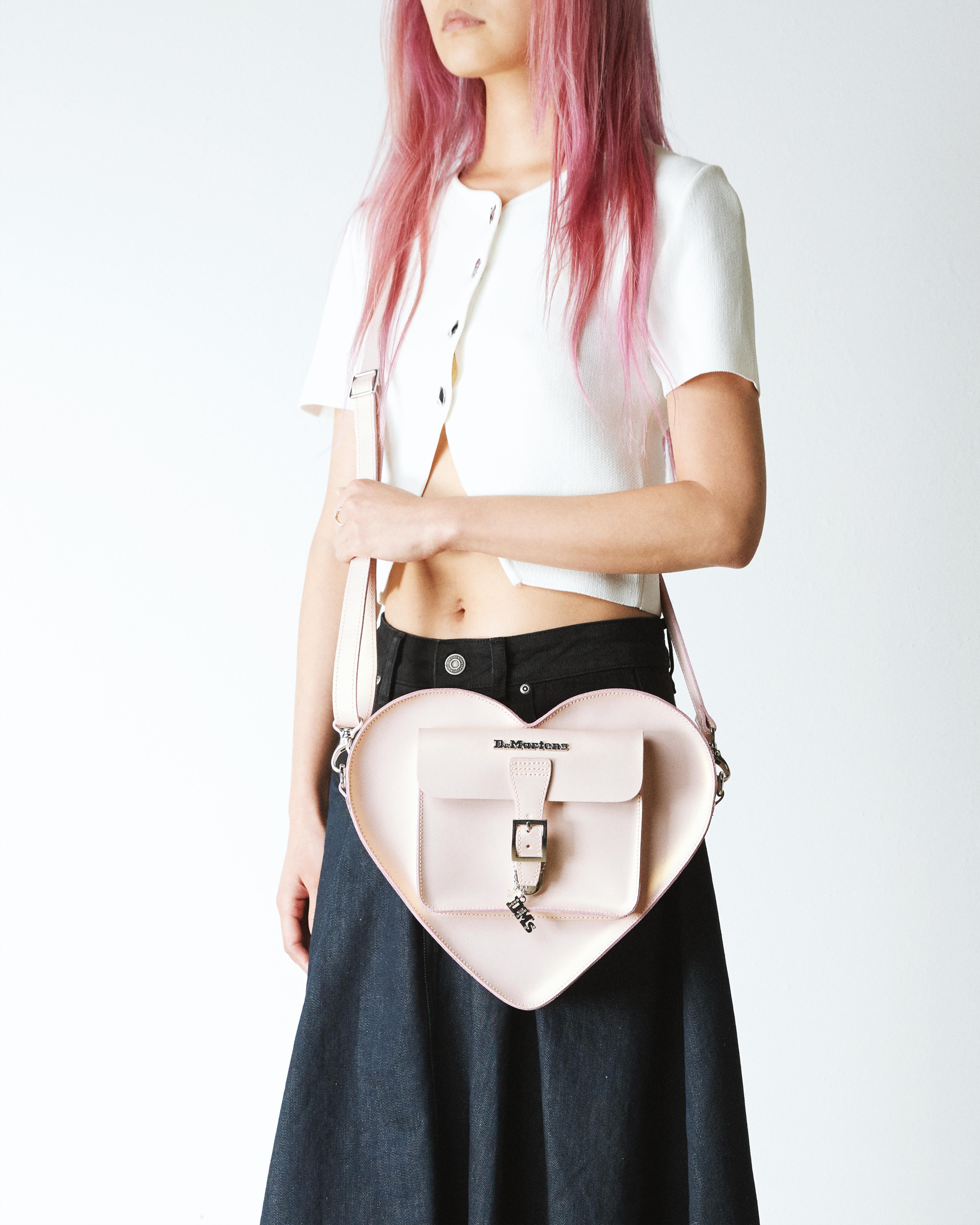 Metallic Shift Leather Heart Shaped Bag in Powder Pink | Dr