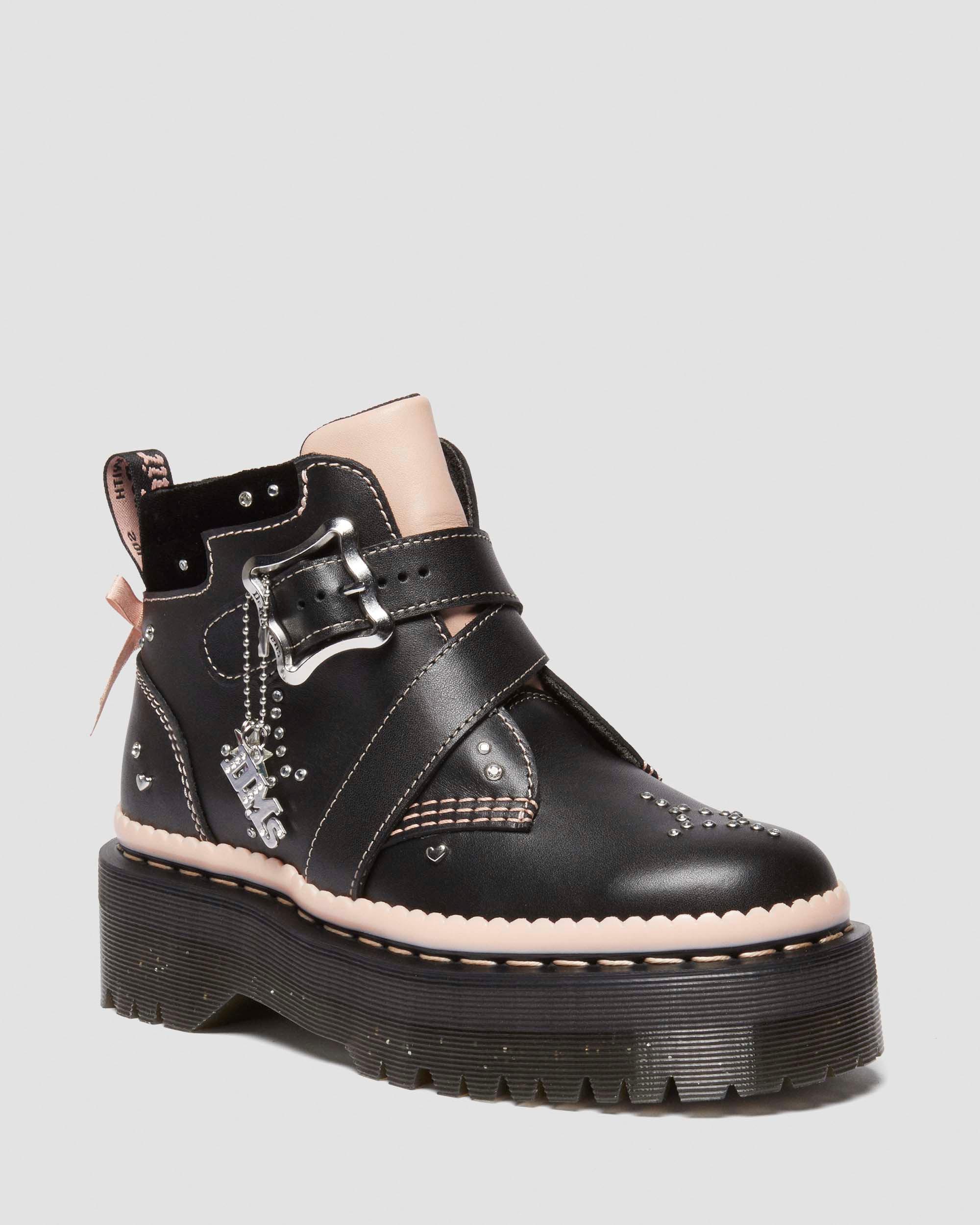 Caitie leather buckle platform boots in BLACK+POWDER PINK | Dr