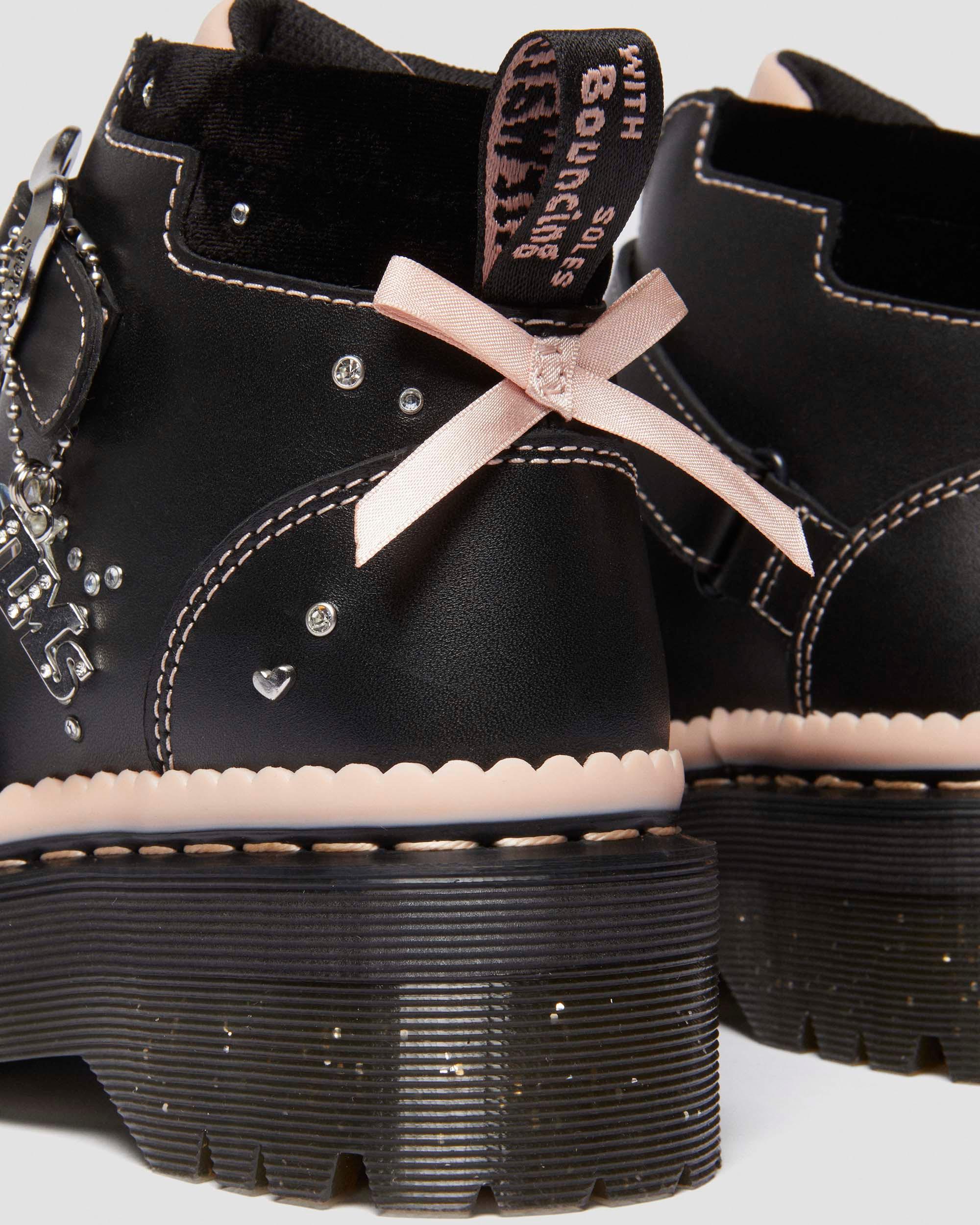 Caitie leather buckle platform boots in BLACK+POWDER PINK | Dr