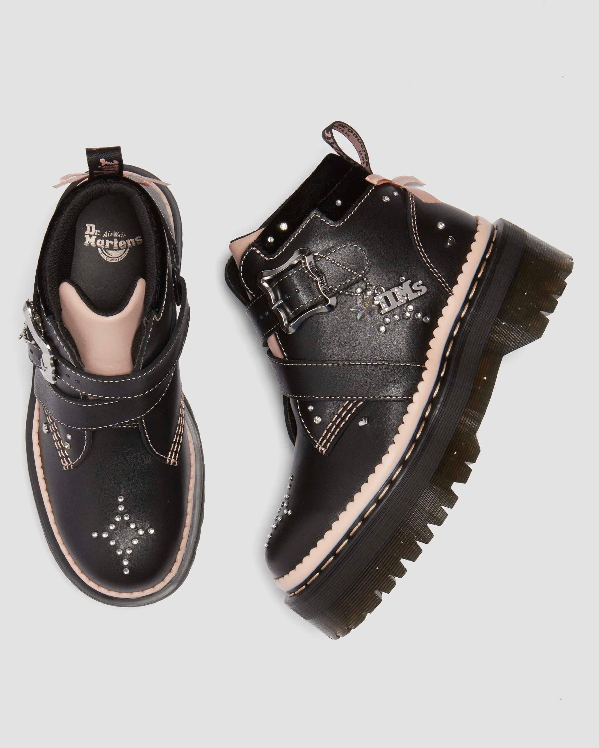 Caitie leather buckle platform boots in BLACK+POWDER PINK | Dr