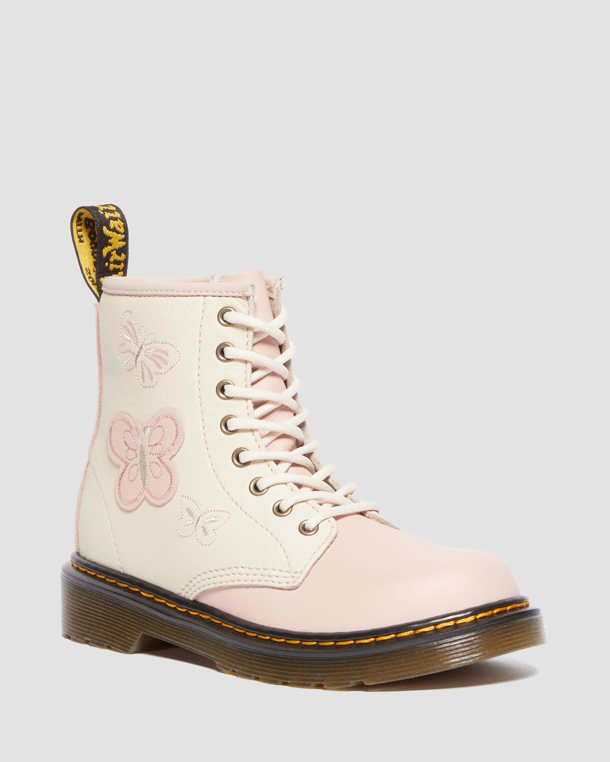 Junior 1460 butterfly leather boots in Powder Pink+Cloud Cream