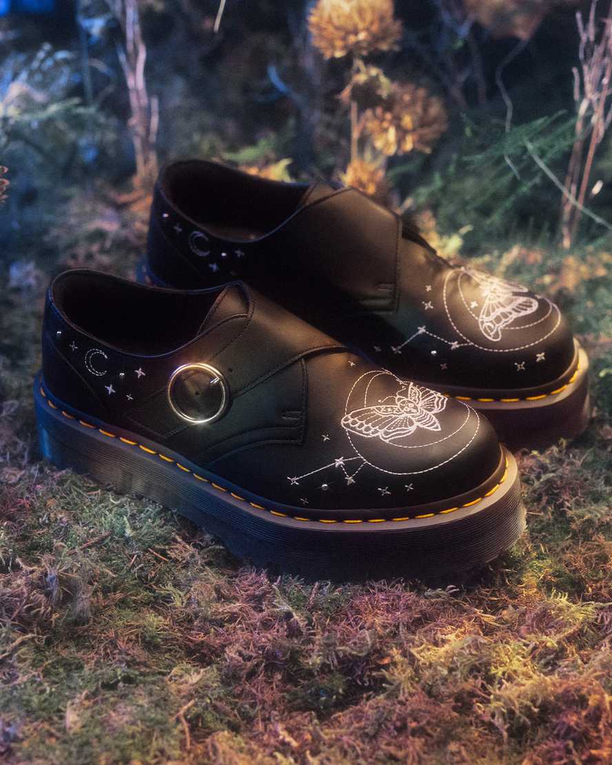 Dr. Martens Monk Strap Quad Celestial Moth Embroidered Platform Shoes In Black