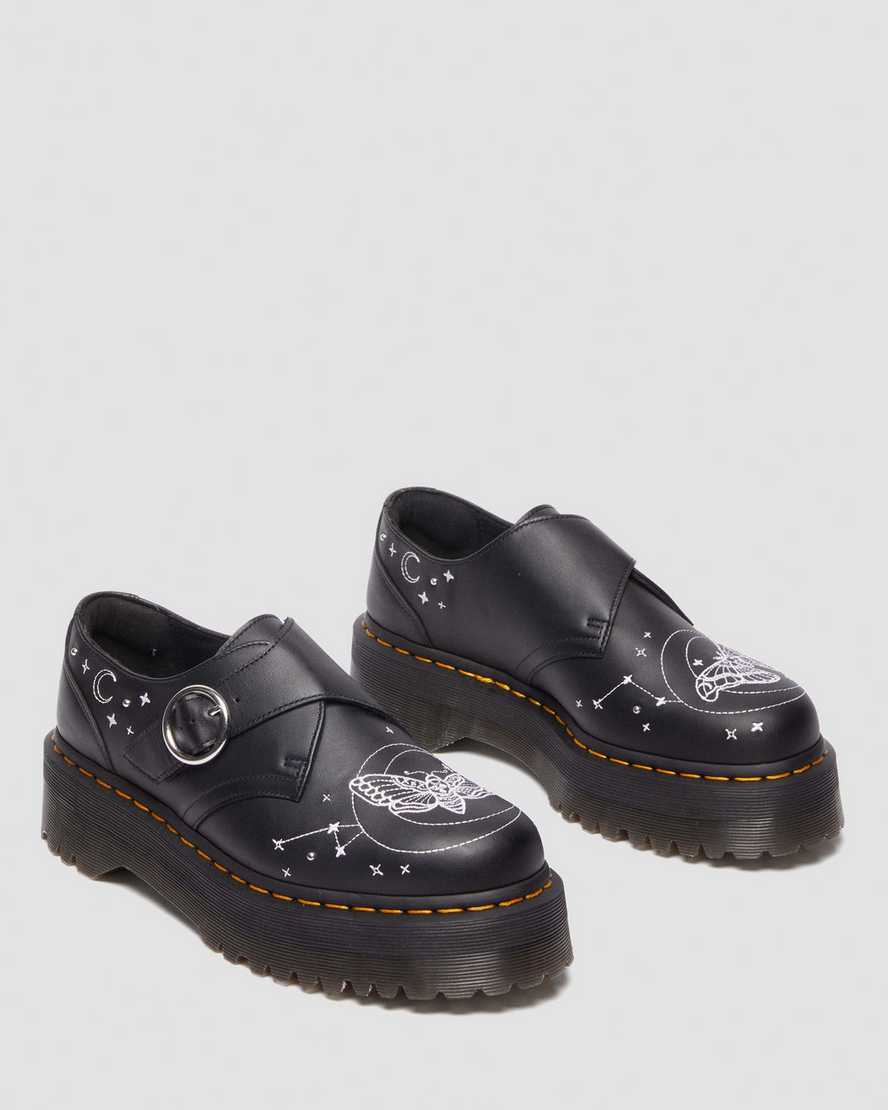 Dr. Martens Monk Strap Quad Celestial Moth Embroidered Platform Shoes In Black