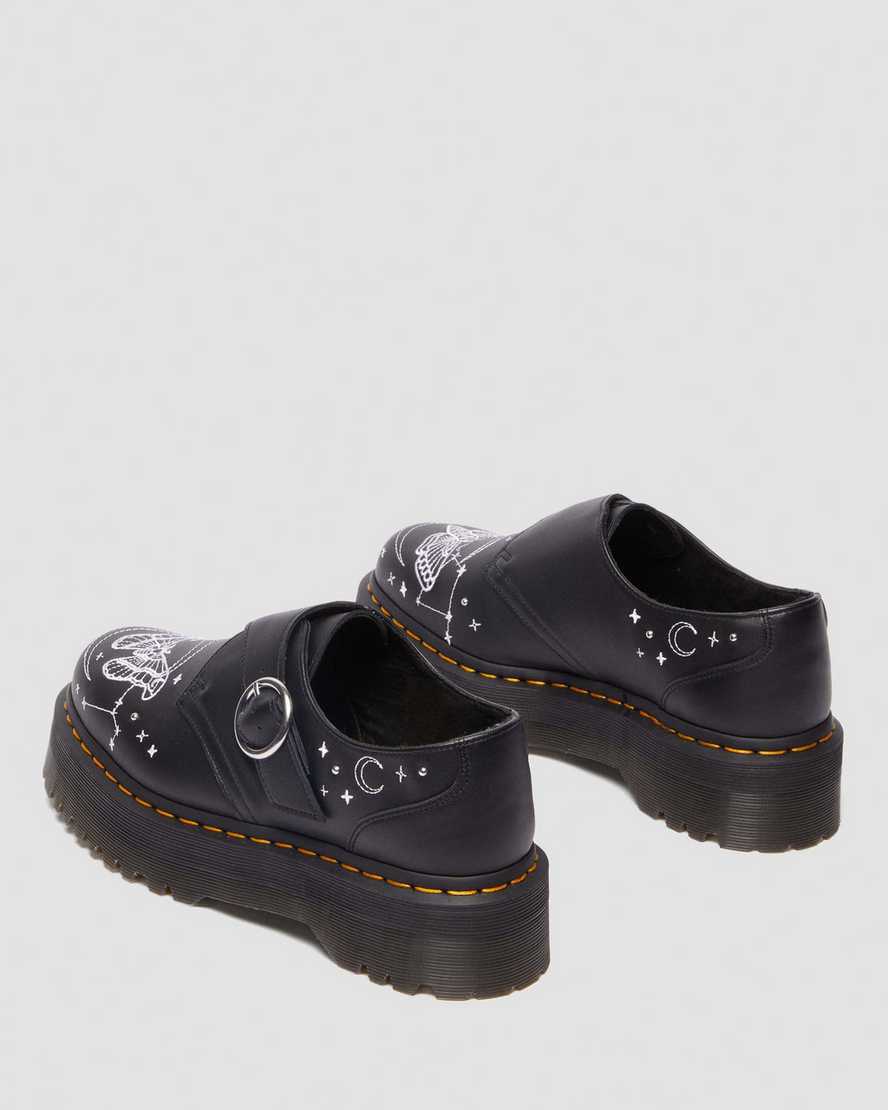Dr. Martens Monk Strap Quad Celestial Moth Embroidered Platform Shoes In Black