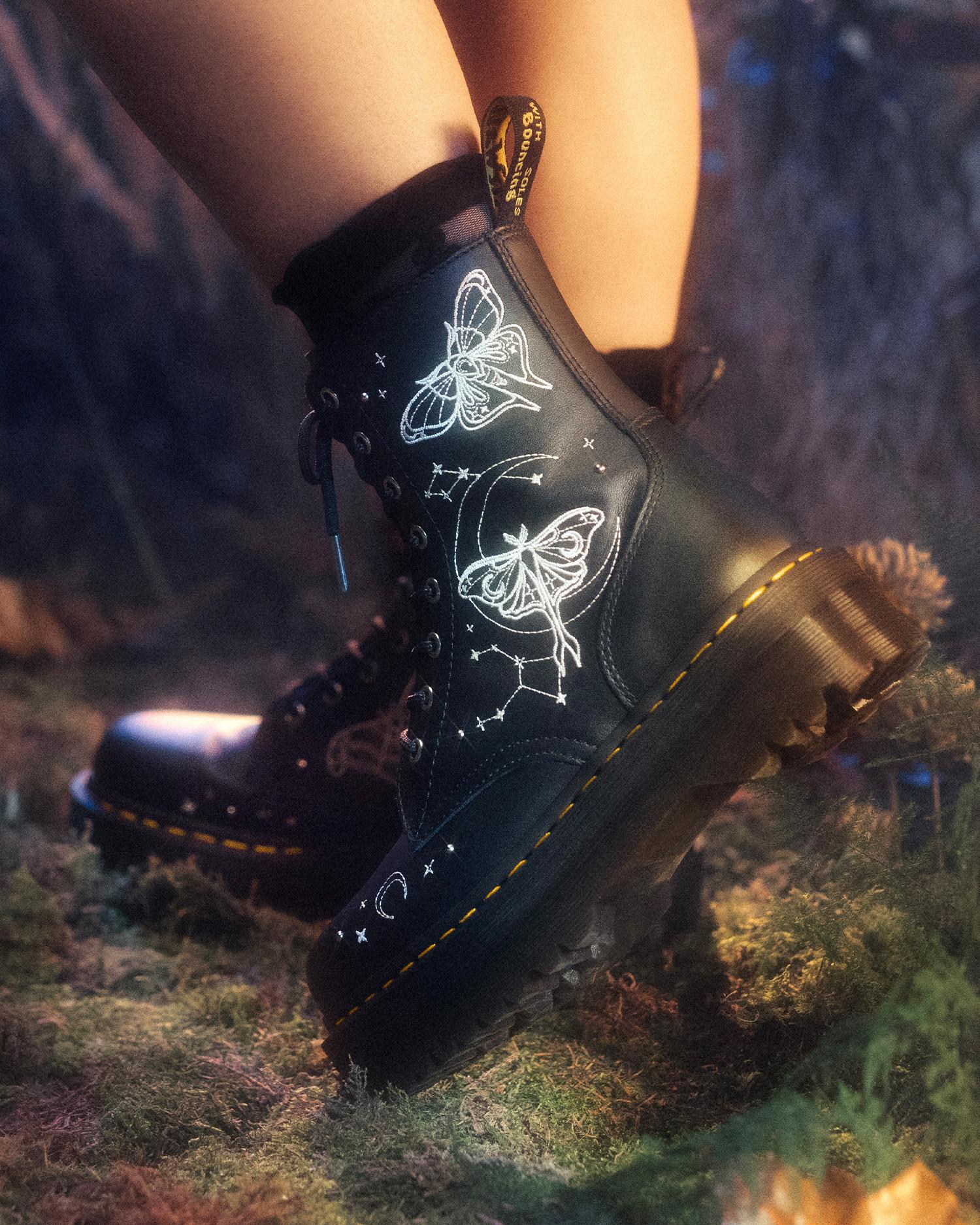 Jadon Celestial Moth Embroidered Platform Boots in Black | Dr