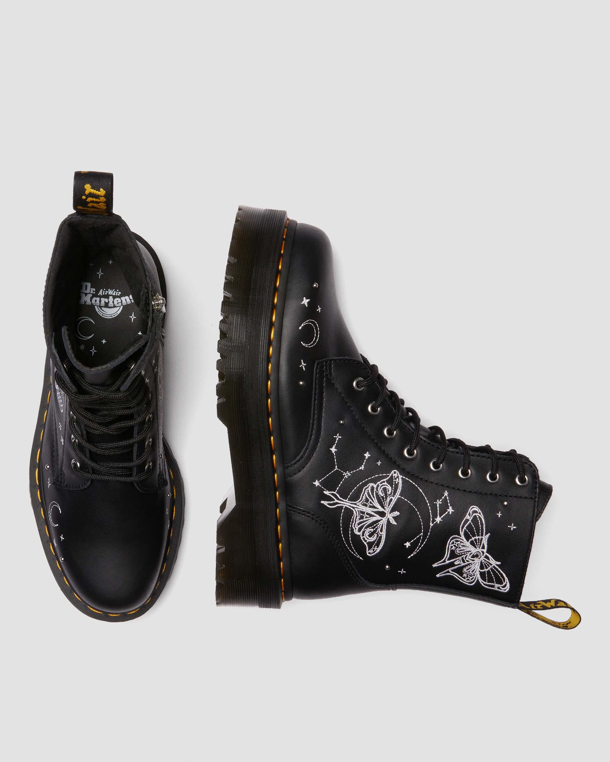 Jadon Celestial Moth Embroidered Platform Boots in Black | Dr