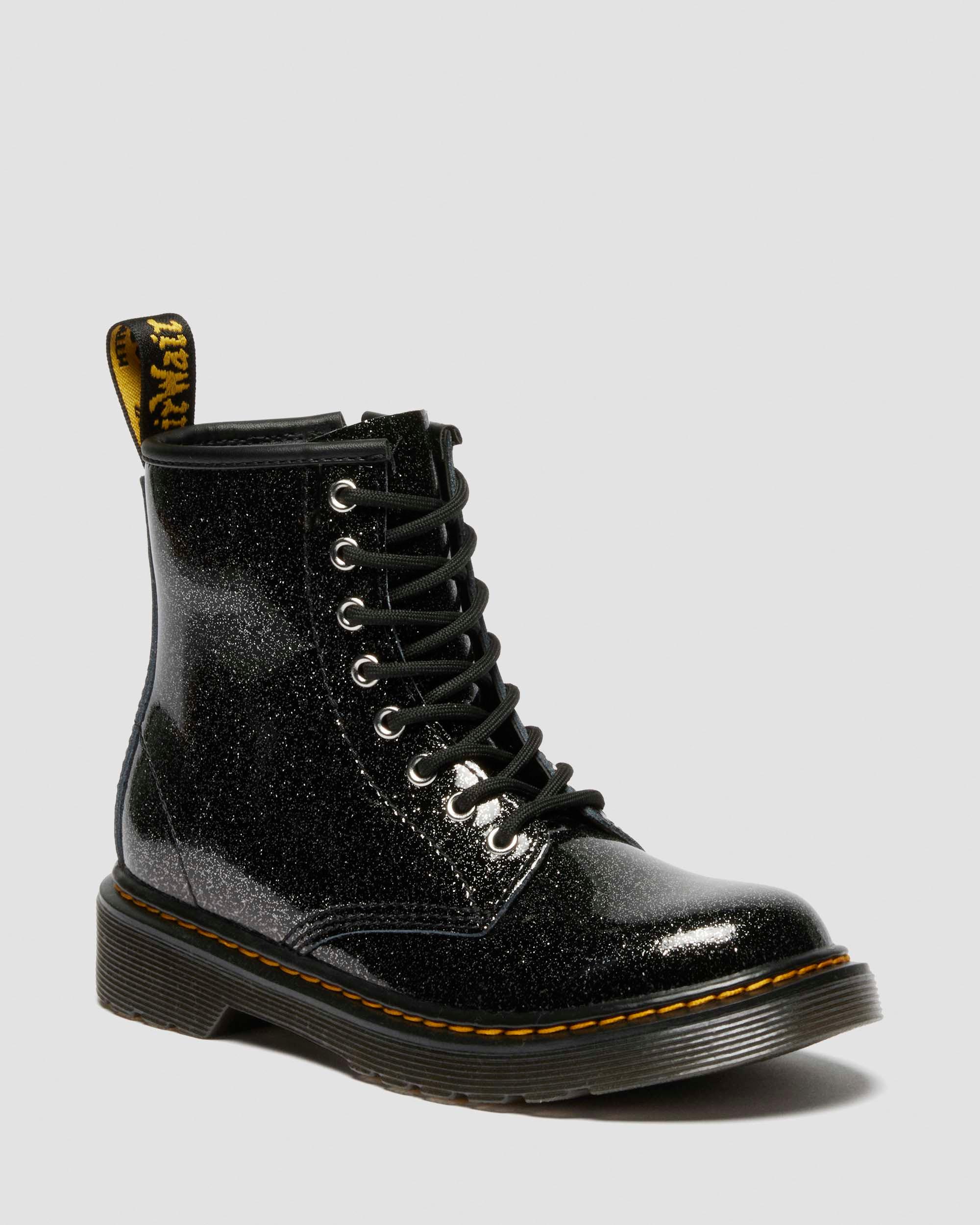 JUNIOR 1460 GLITTER PATENT LEATHER  BOOTS in Black & Silver