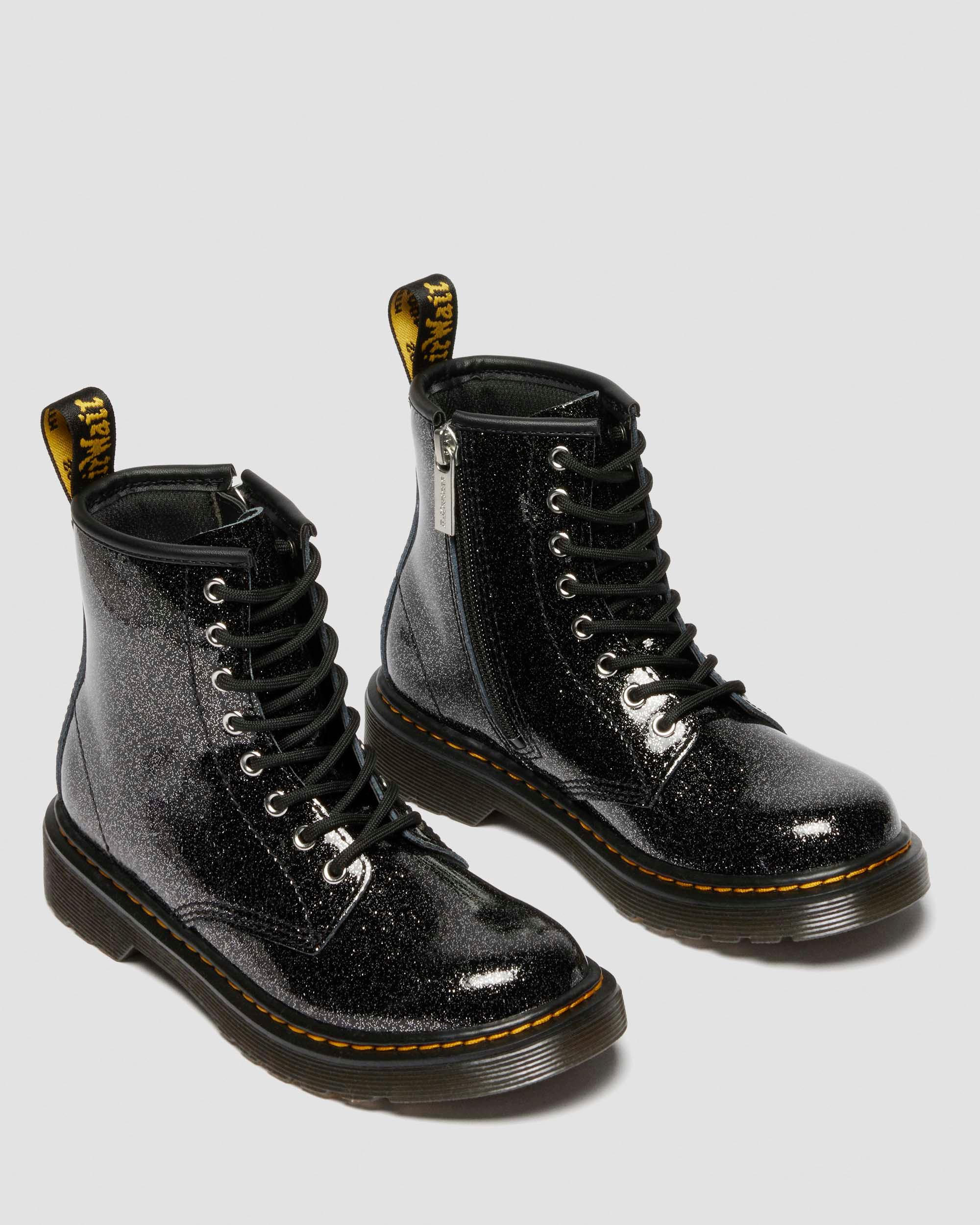 JUNIOR 1460 GLITTER PATENT LEATHER  BOOTS in Black & Silver