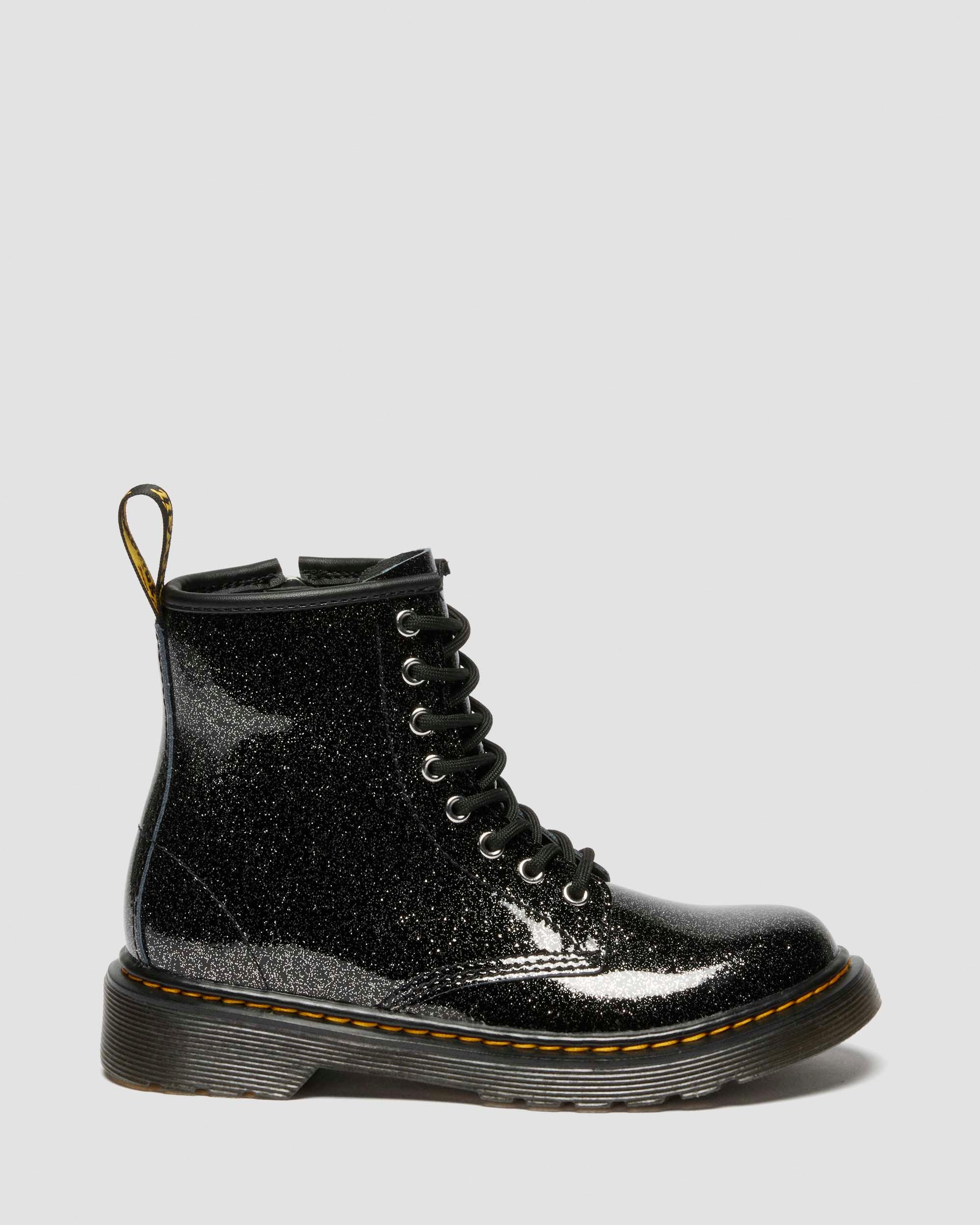 JUNIOR 1460 GLITTER PATENT LEATHER  BOOTS in Black & Silver