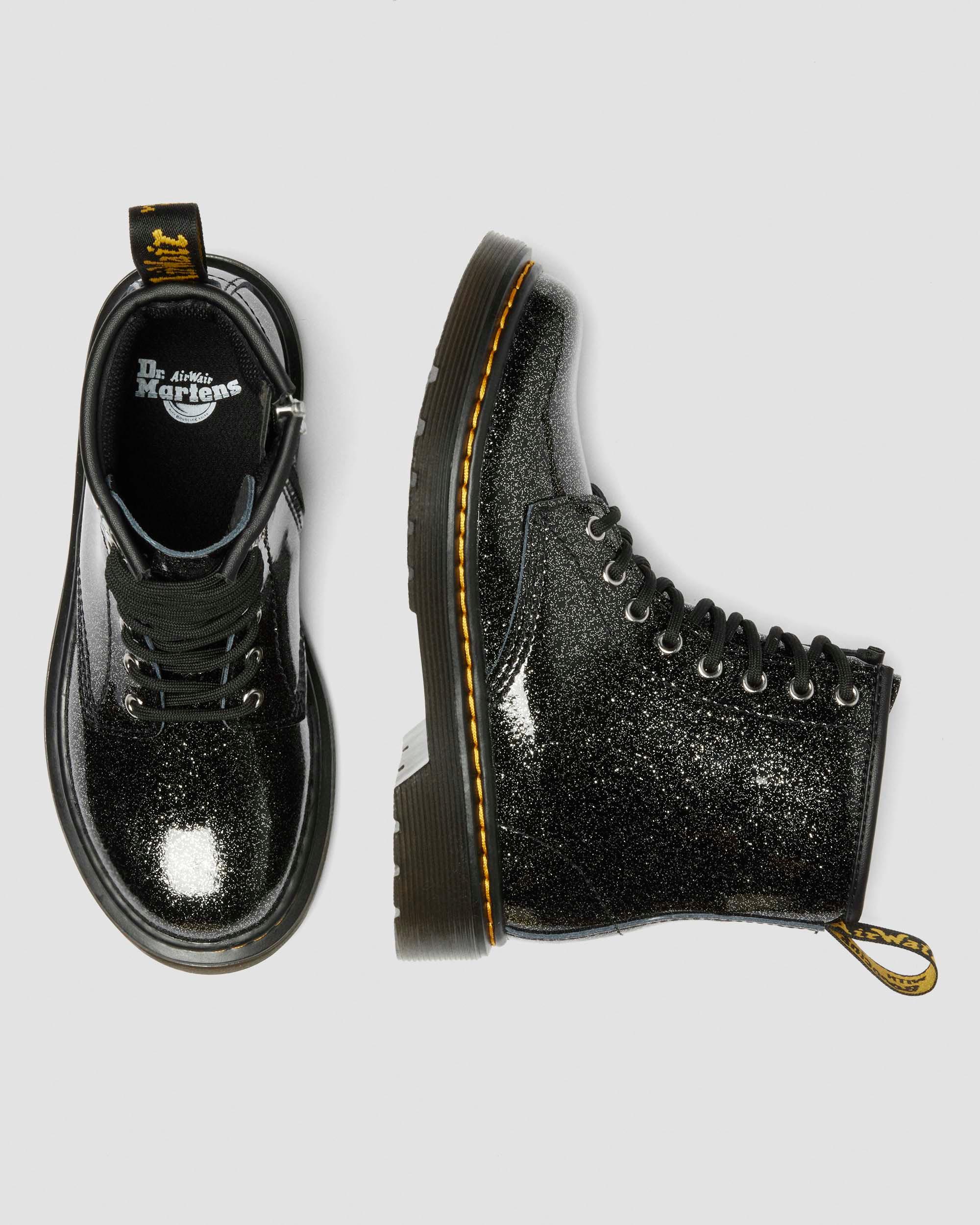 JUNIOR 1460 GLITTER PATENT LEATHER  BOOTS in Black & Silver