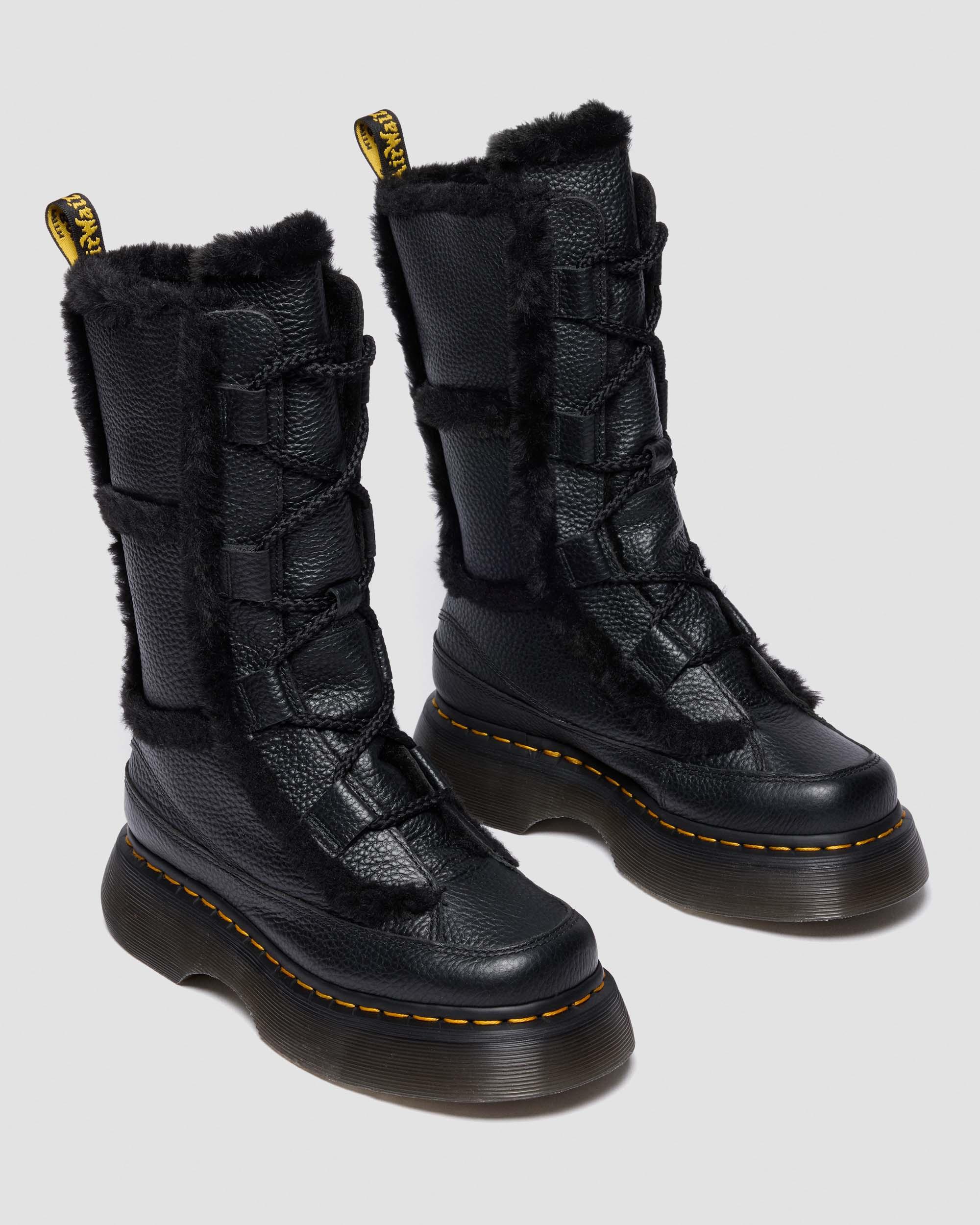 Buzz Lace Up Faux Fur Lined Grizzly Leather Boots in BLACK