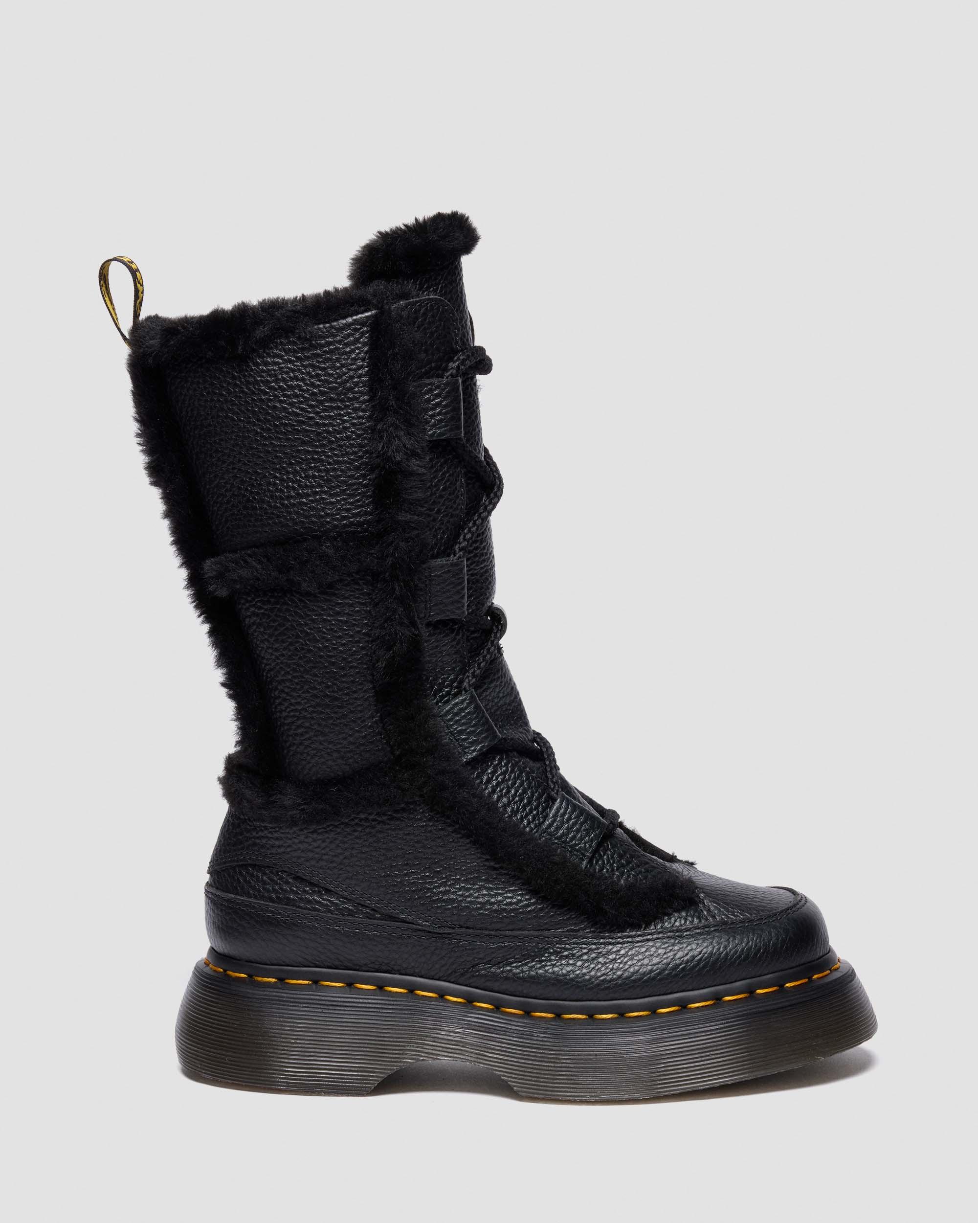 Buzz Lace Up Faux Fur Lined Grizzly Leather Boots in BLACK