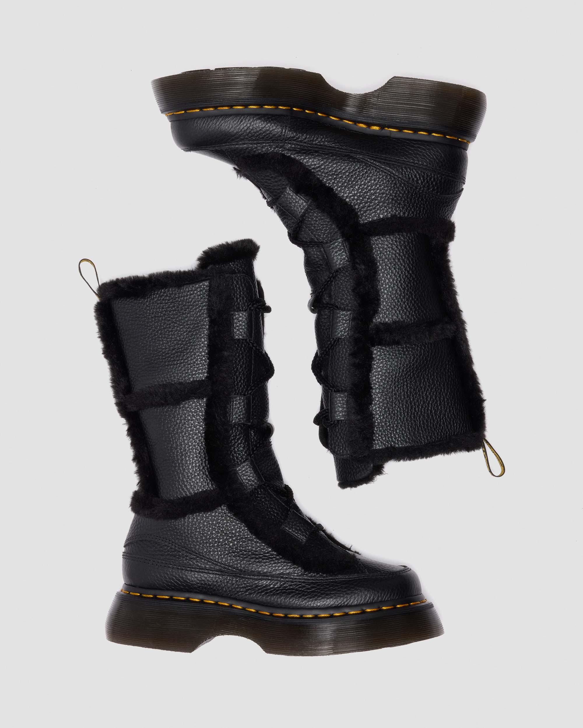 Buzz Lace Up Faux Fur Lined Grizzly Leather Boots in BLACK