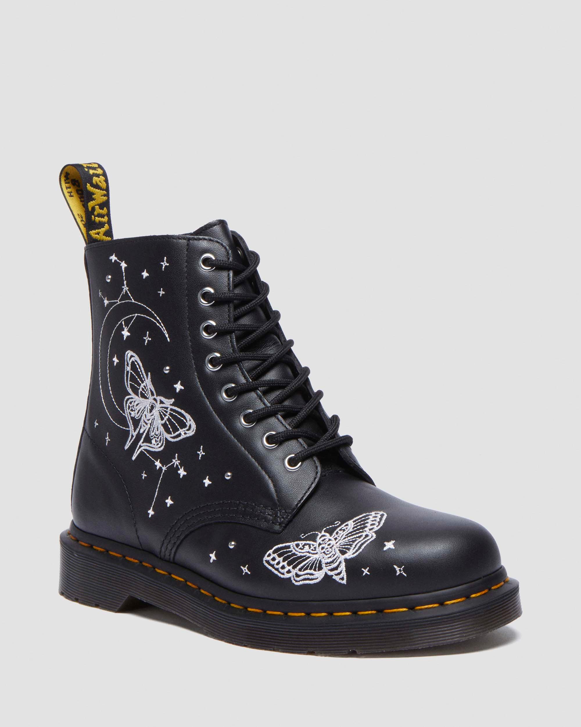 JADON CELESTIAL MOTH EMBROIDERED PLATFORM BOOTS in Black Dr. Martens